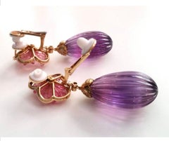 Pink Tourmaline Flowers 18k Rose Gold Diamonds Amethyst Engraved Drops Earrings