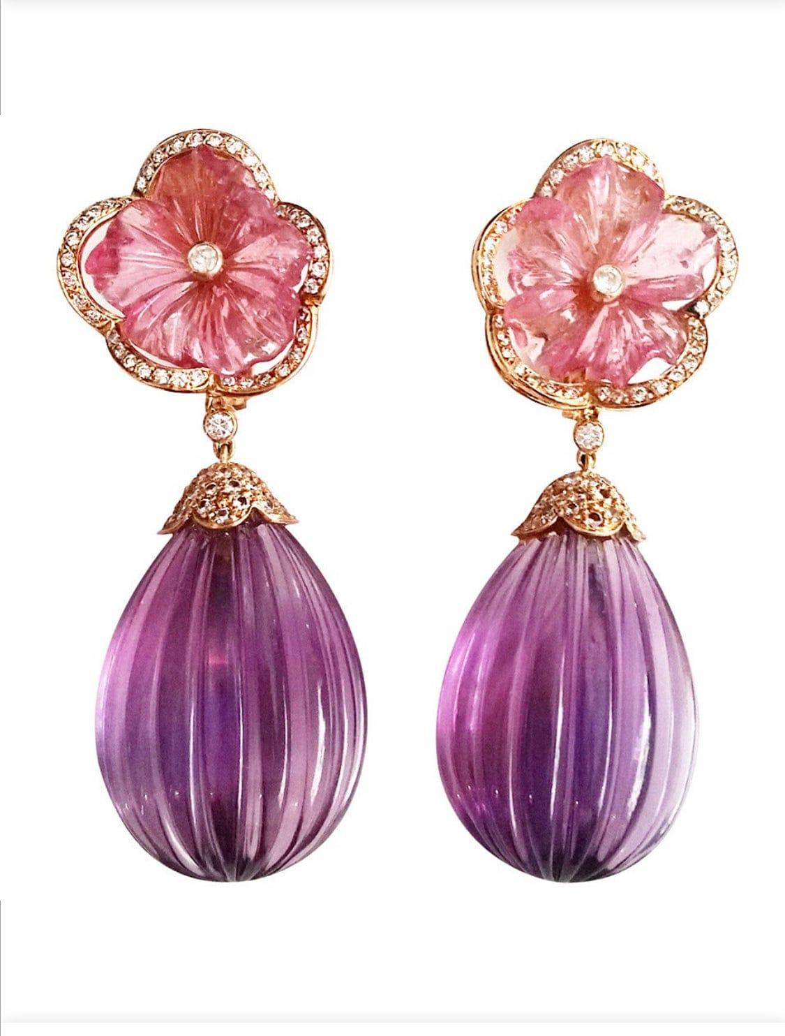 Contemporary Pink Tourmaline Flowers 18k Rose Gold Diamonds Amethyst Engraved Drops Earrings