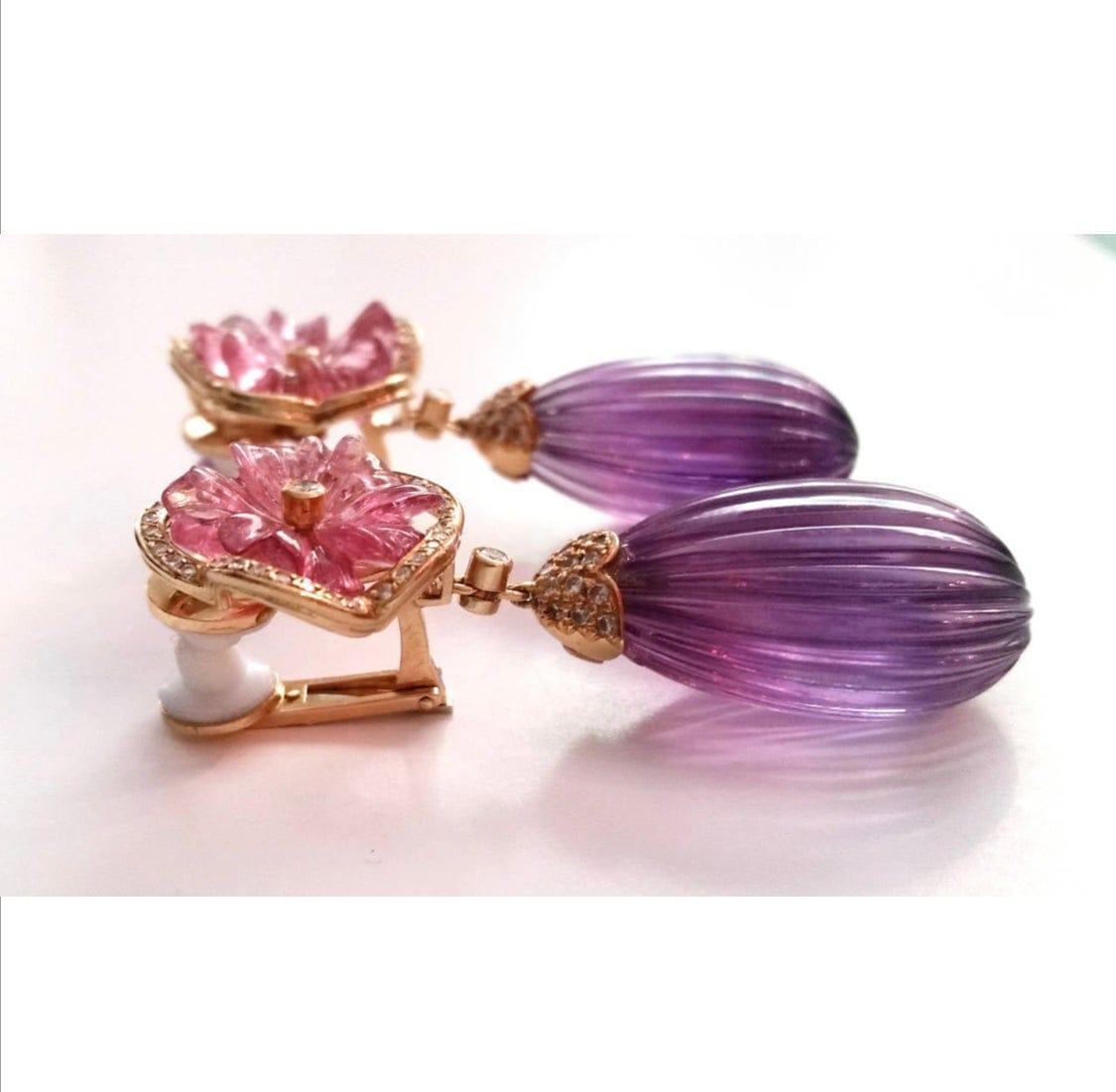 Mixed Cut Pink Tourmaline Flowers 18k Rose Gold Diamonds Amethyst Engraved Drops Earrings For Sale