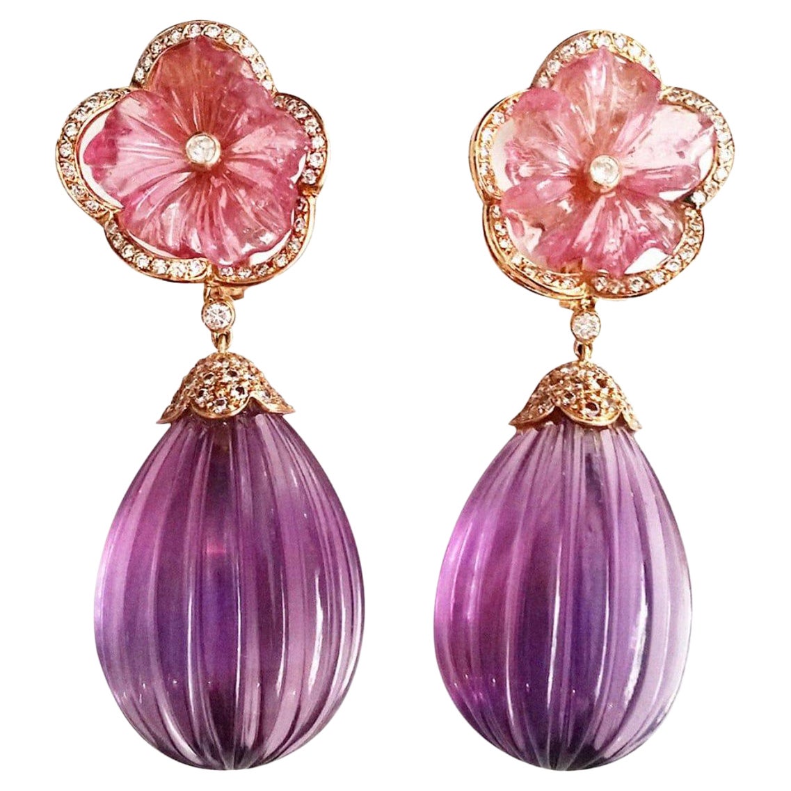 Pink Tourmaline Flowers 18k Rose Gold Diamonds Amethyst Engraved Drops Earrings For Sale