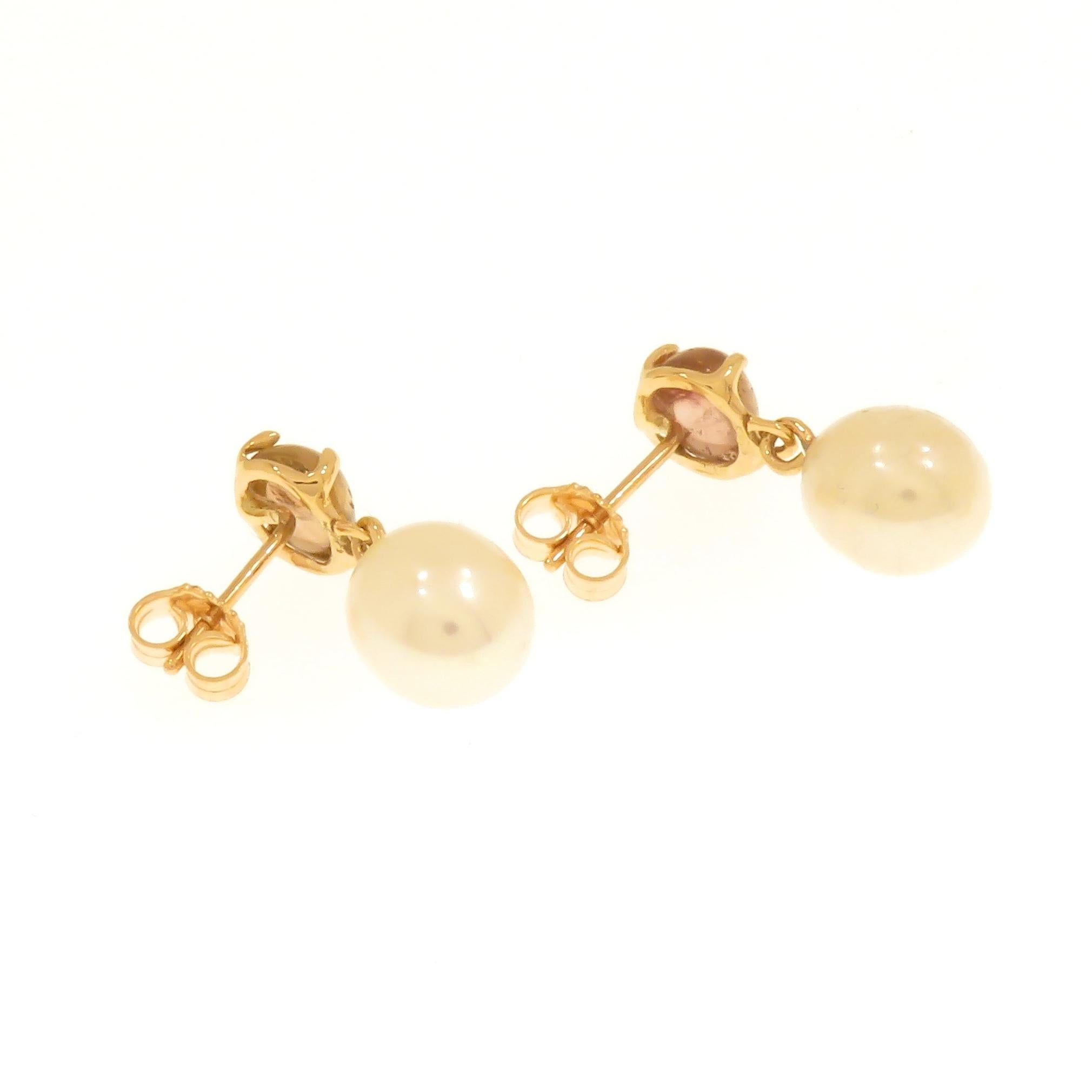 Women's Pink Tourmaline Freshwater Pearl 9 Karat Rose Gold Stud Earrings Handcrafted For Sale