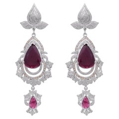 Pink Tourmaline Gemstone Dangle Earrings Diamond 18 Karat Gold Silver Jewelry