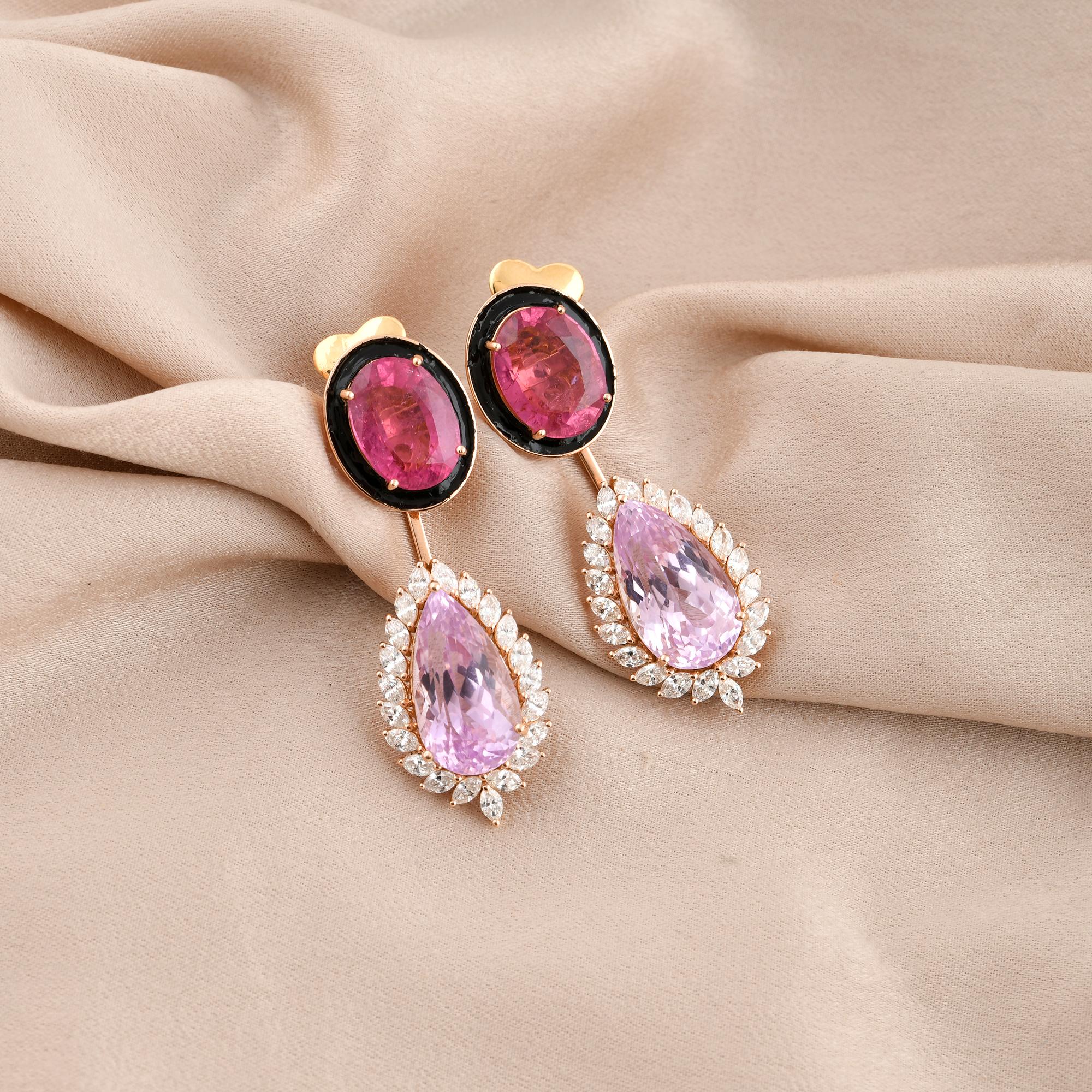 Modern Pink Tourmaline Gemstone Dangle Earrings Morganite Diamond 18 Karat Yellow Gold For Sale