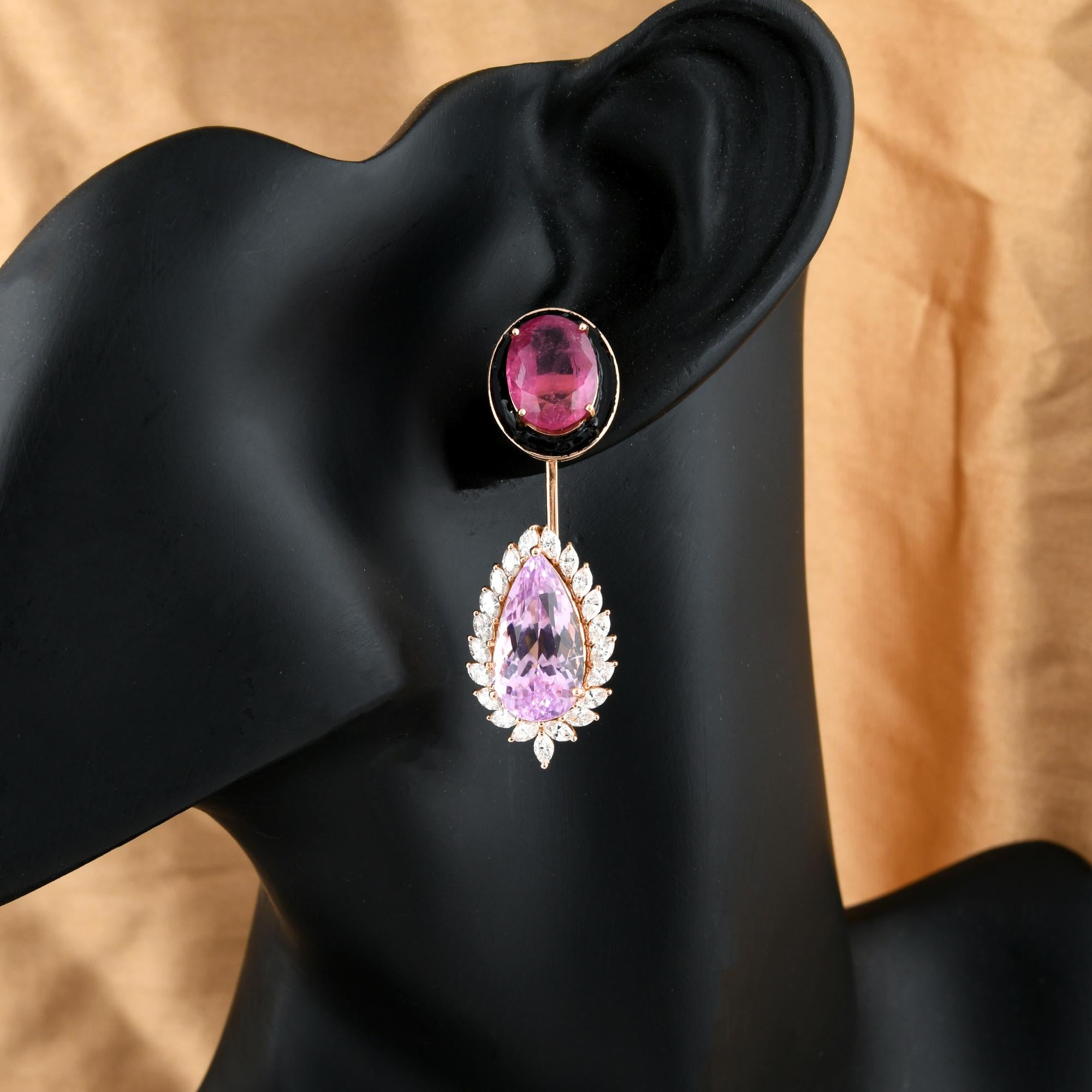 Pear Cut Pink Tourmaline Gemstone Dangle Earrings Morganite Diamond 18 Karat Yellow Gold For Sale