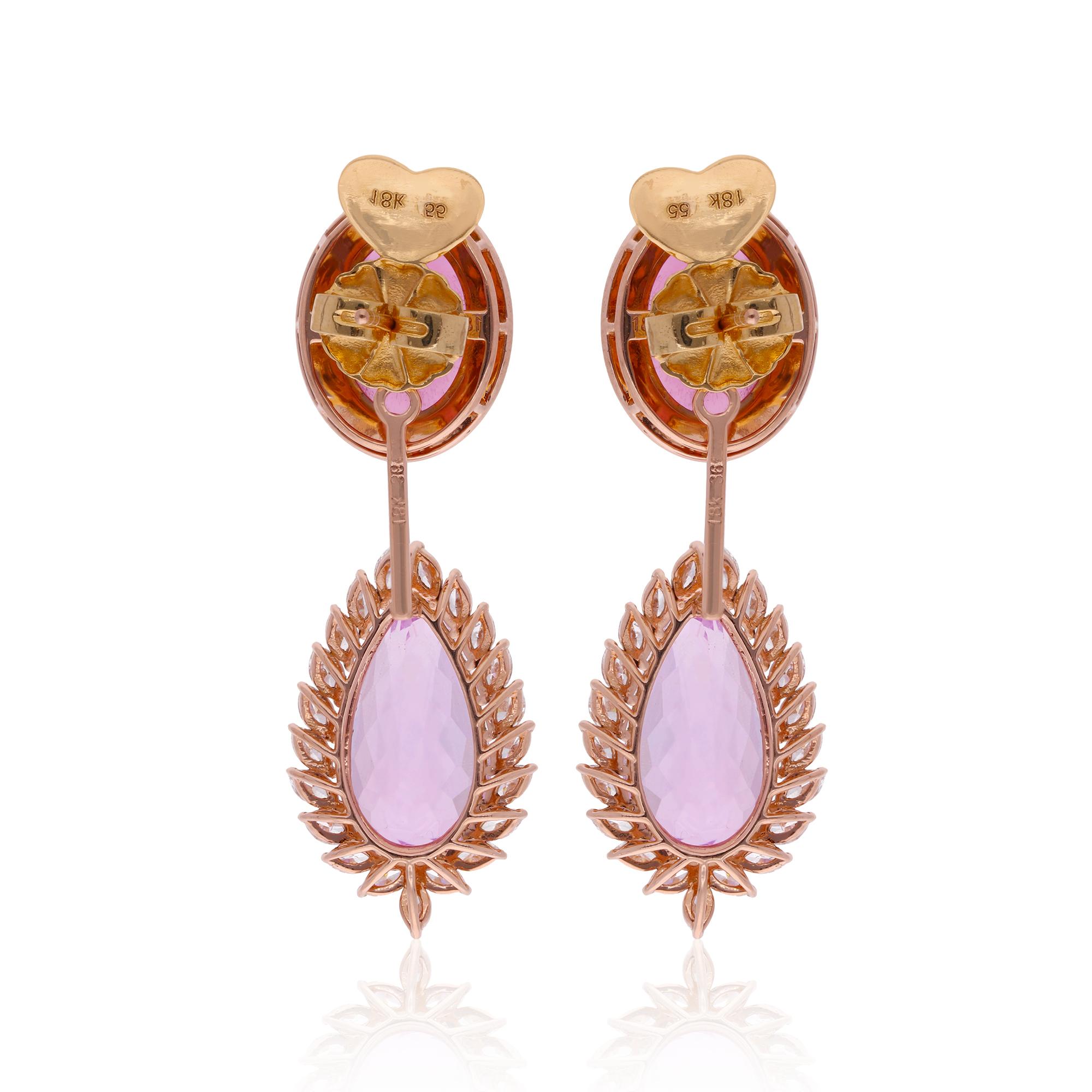 Women's Pink Tourmaline Gemstone Dangle Earrings Morganite Diamond 18 Karat Yellow Gold For Sale