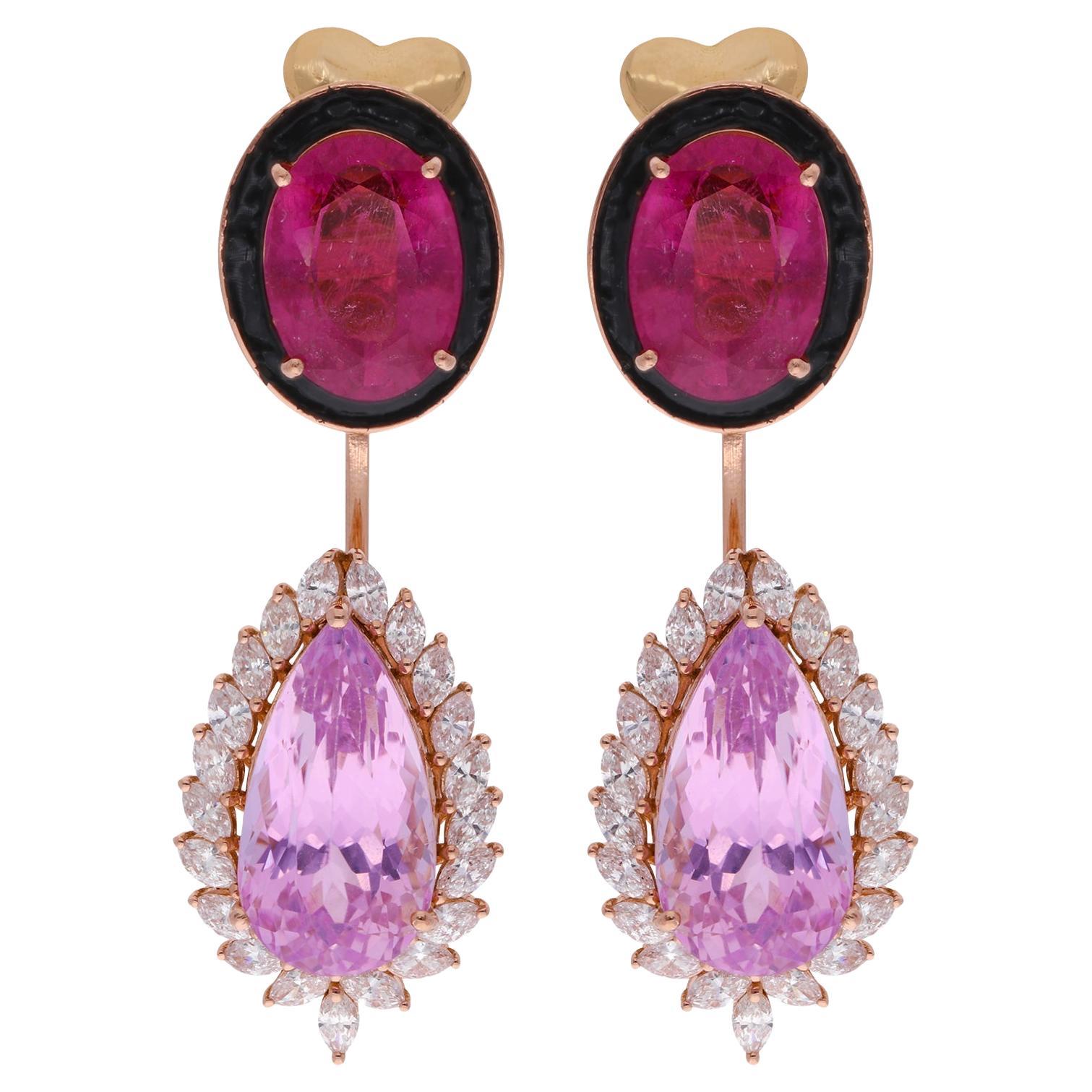 Pink Tourmaline Gemstone Dangle Earrings Morganite Diamond 18 Karat Yellow Gold For Sale