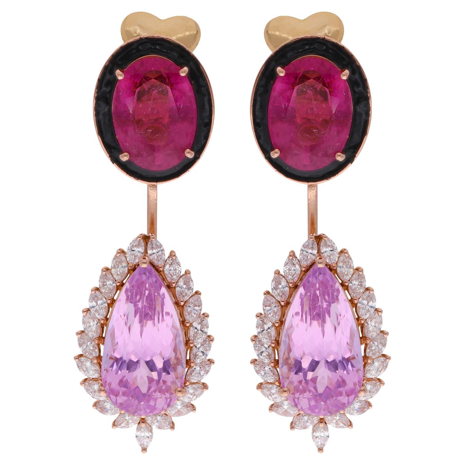 Pendants d'oreilles en or jaune 18 carats avec tourmaline rose et diamants