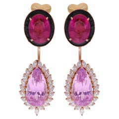 Pink Tourmaline Gemstone Dangle Earrings Morganite Diamond 18 Karat Yellow Gold
