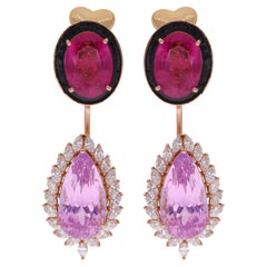 Pink Tourmaline Gemstone Dangle Earrings Morganite Diamond 18 Karat Yellow Gold