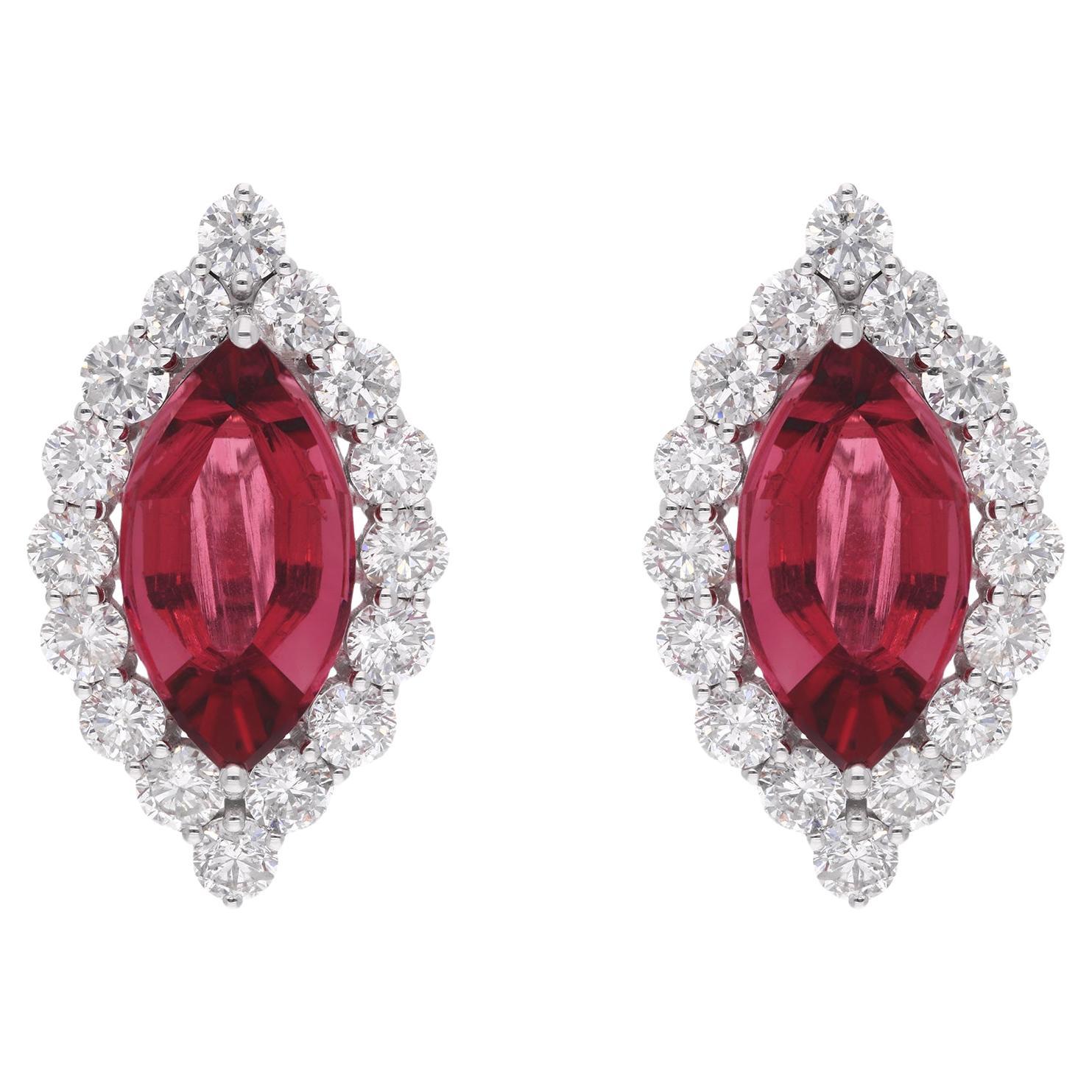 Orecchini a lobo con diamante e gemma di tormalina rosa in oro bianco 18 carati in vendita