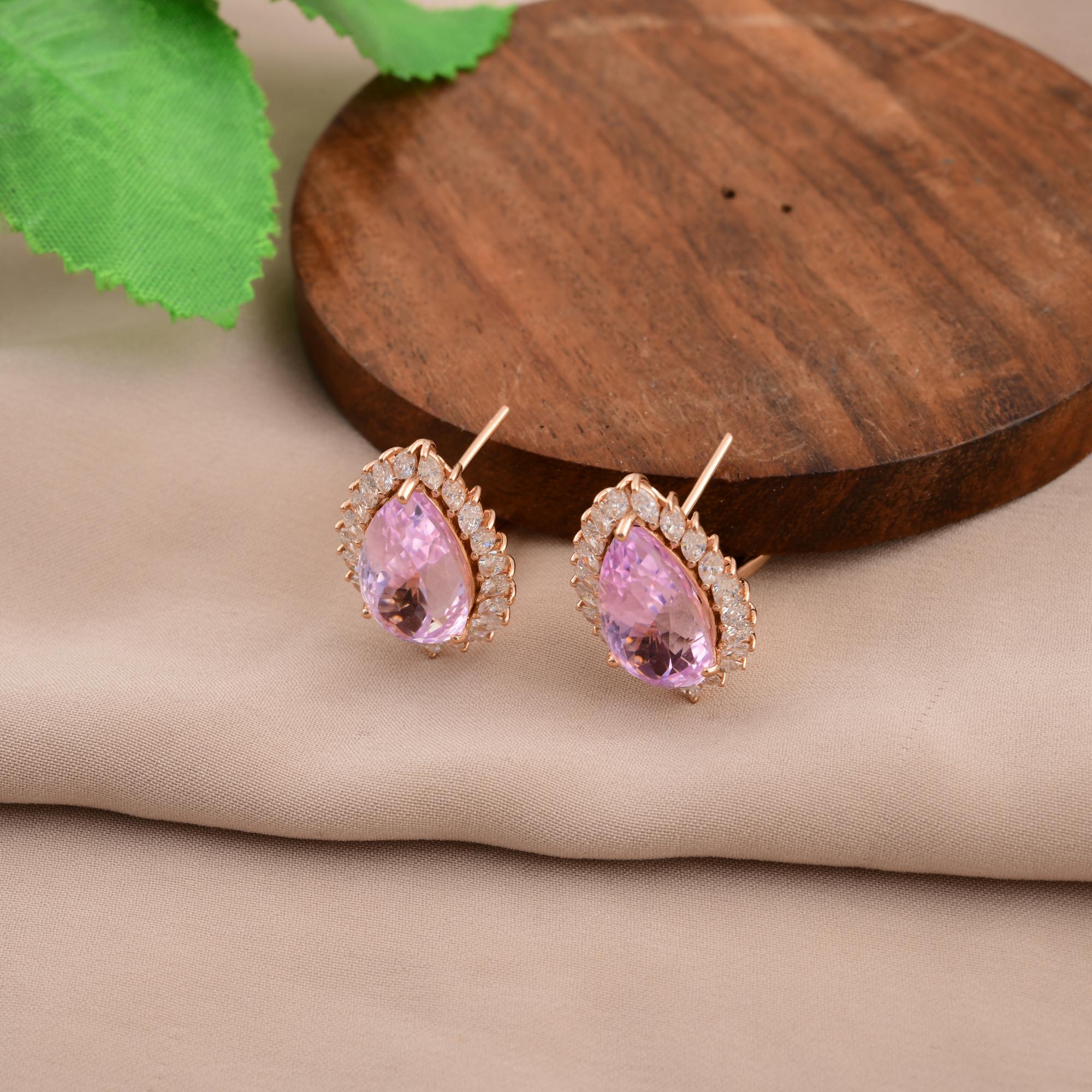 Modern Pink Tourmaline Gemstone Earrings Marquise Diamond 14 Karat Rose Gold Jewelry For Sale