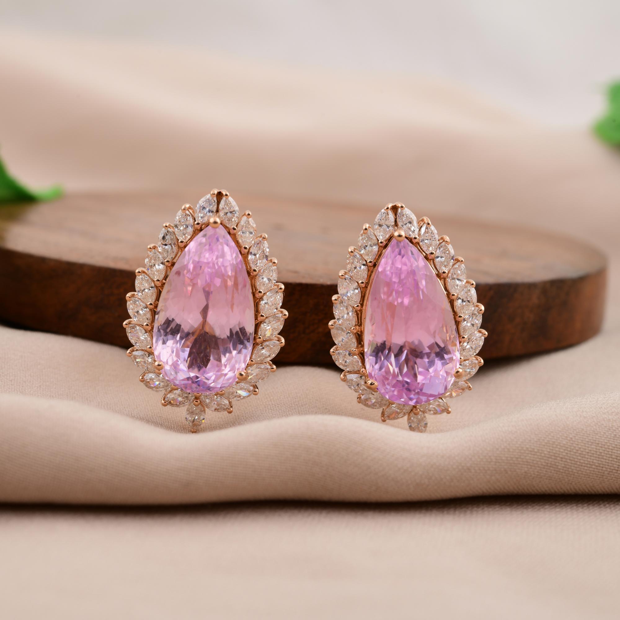 Pear Cut Pink Tourmaline Gemstone Earrings Marquise Diamond 14 Karat Rose Gold Jewelry For Sale