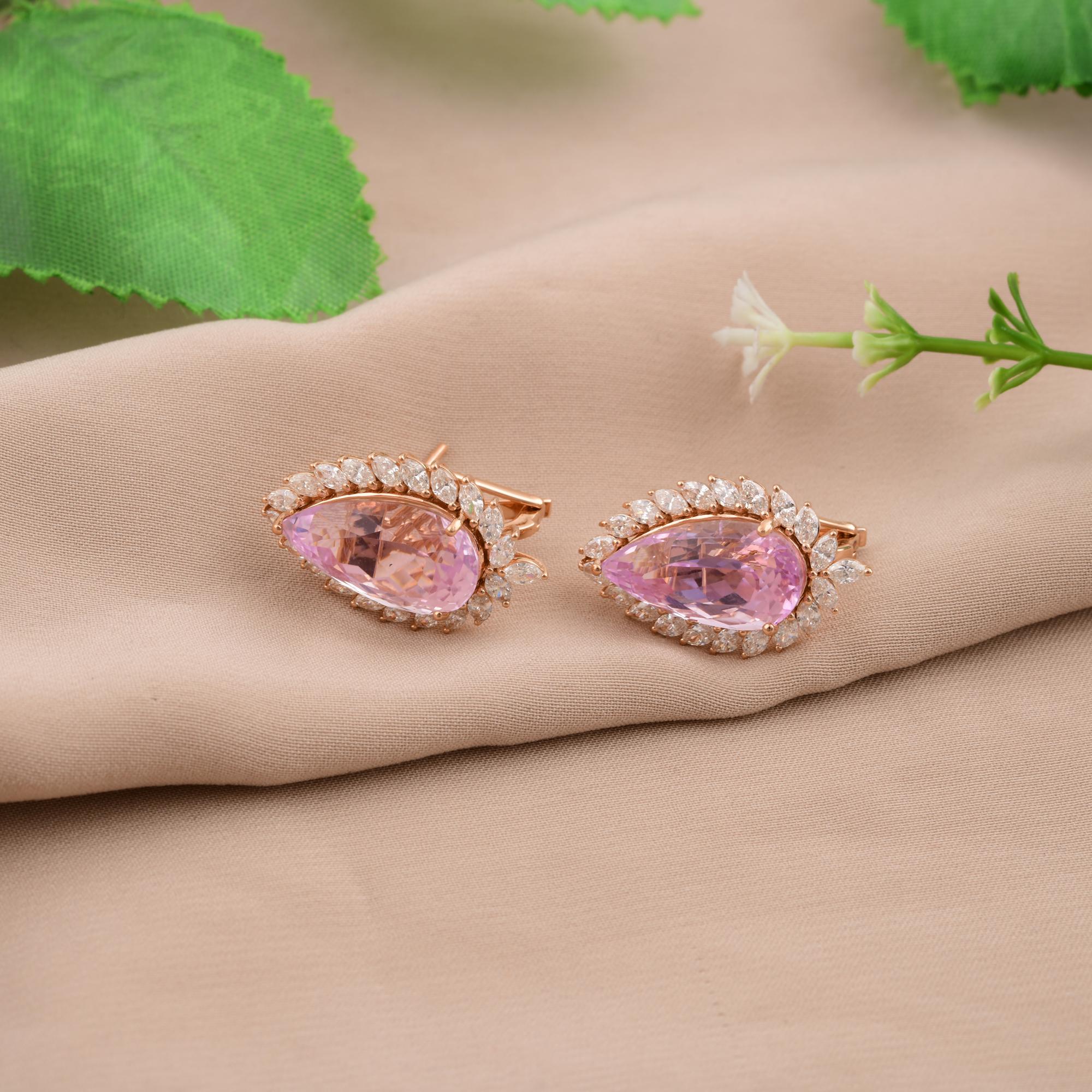 Pink Tourmaline Gemstone Earrings Marquise Diamond 14 Karat Rose Gold Jewelry In New Condition For Sale In Diera, Dubai