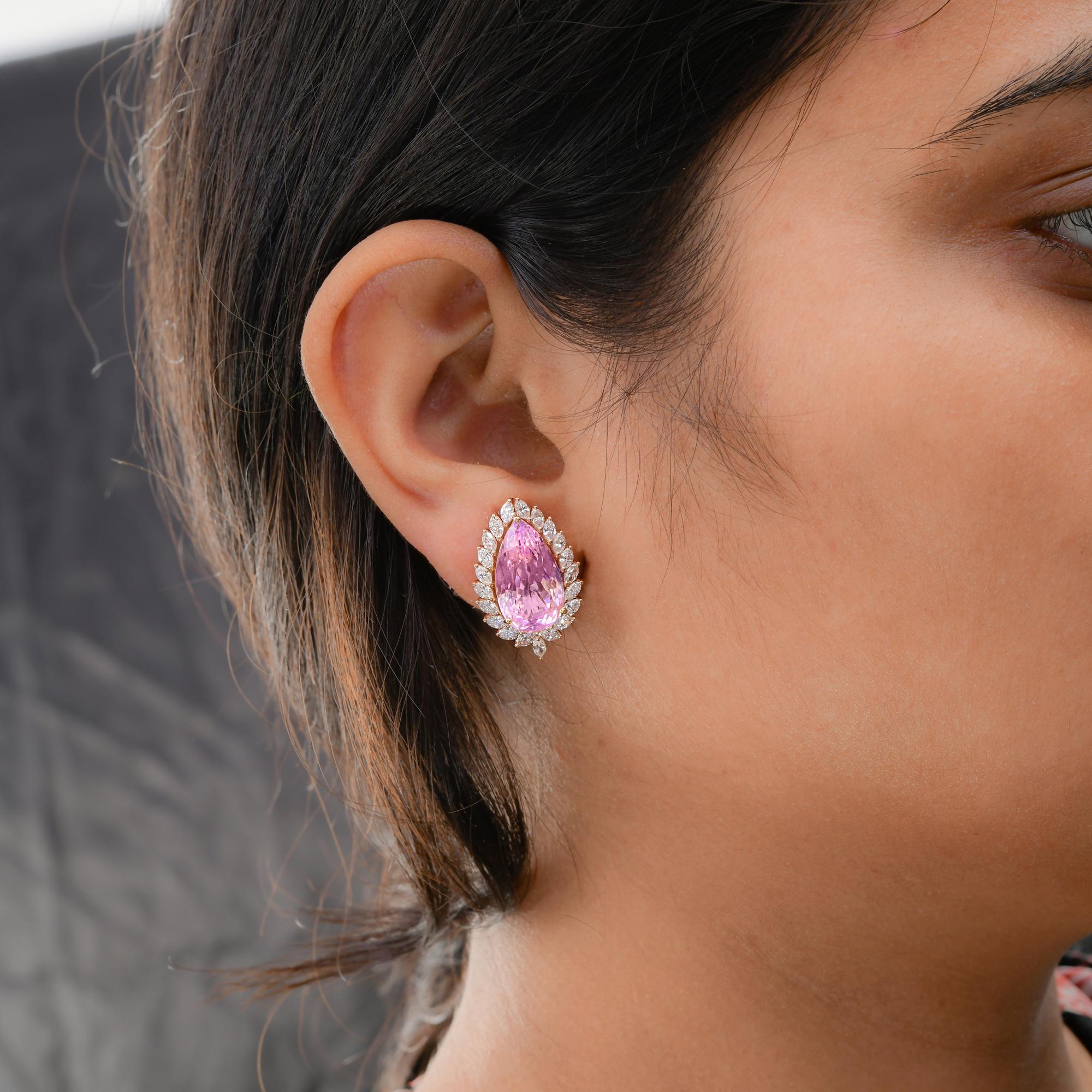 Women's Pink Tourmaline Gemstone Earrings Marquise Diamond 14 Karat Rose Gold Jewelry For Sale