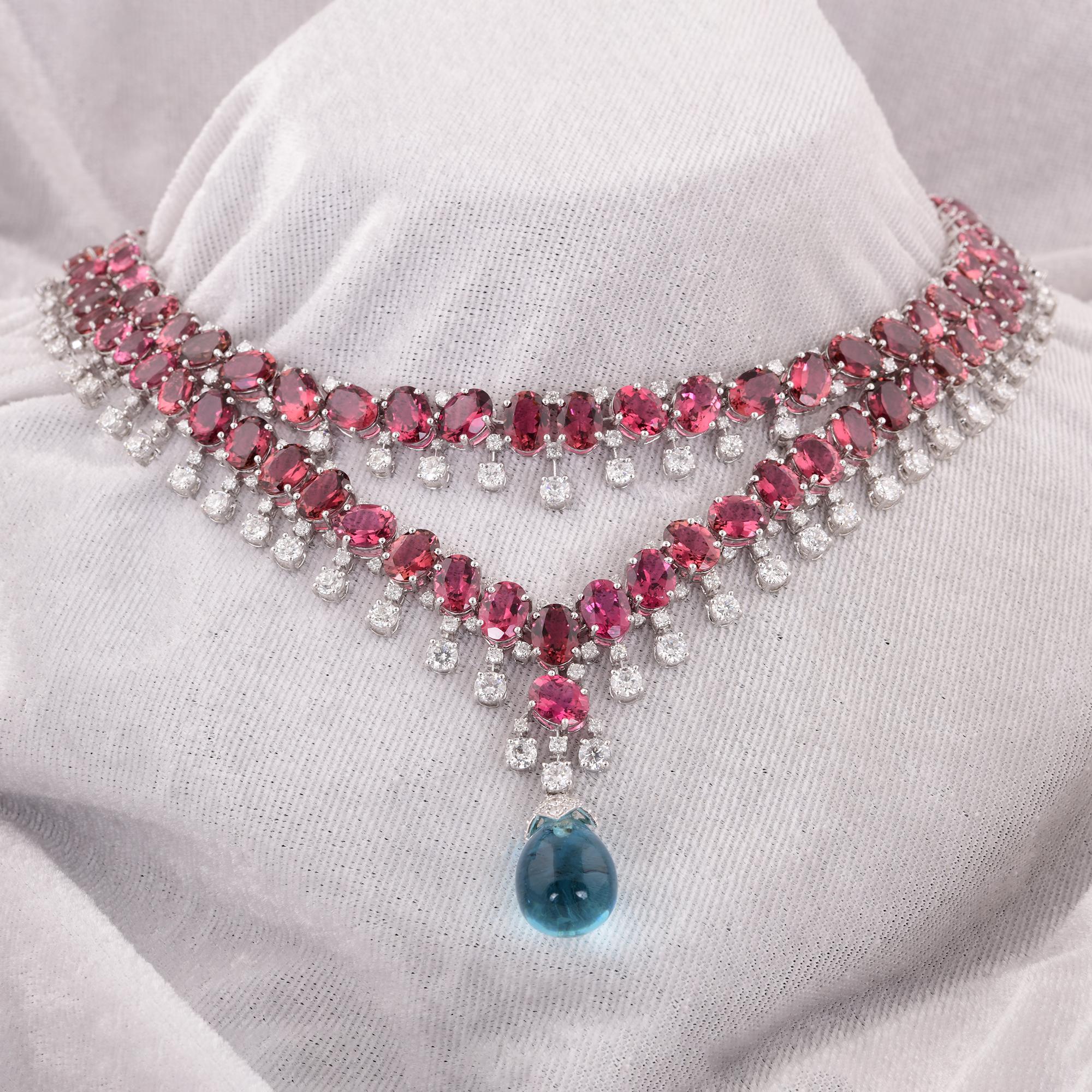 Pinker Turmalin Edelstein Halskette Diamant Blauer Topas 14 Karat Weißgold Schmuck (Ovalschliff) im Angebot