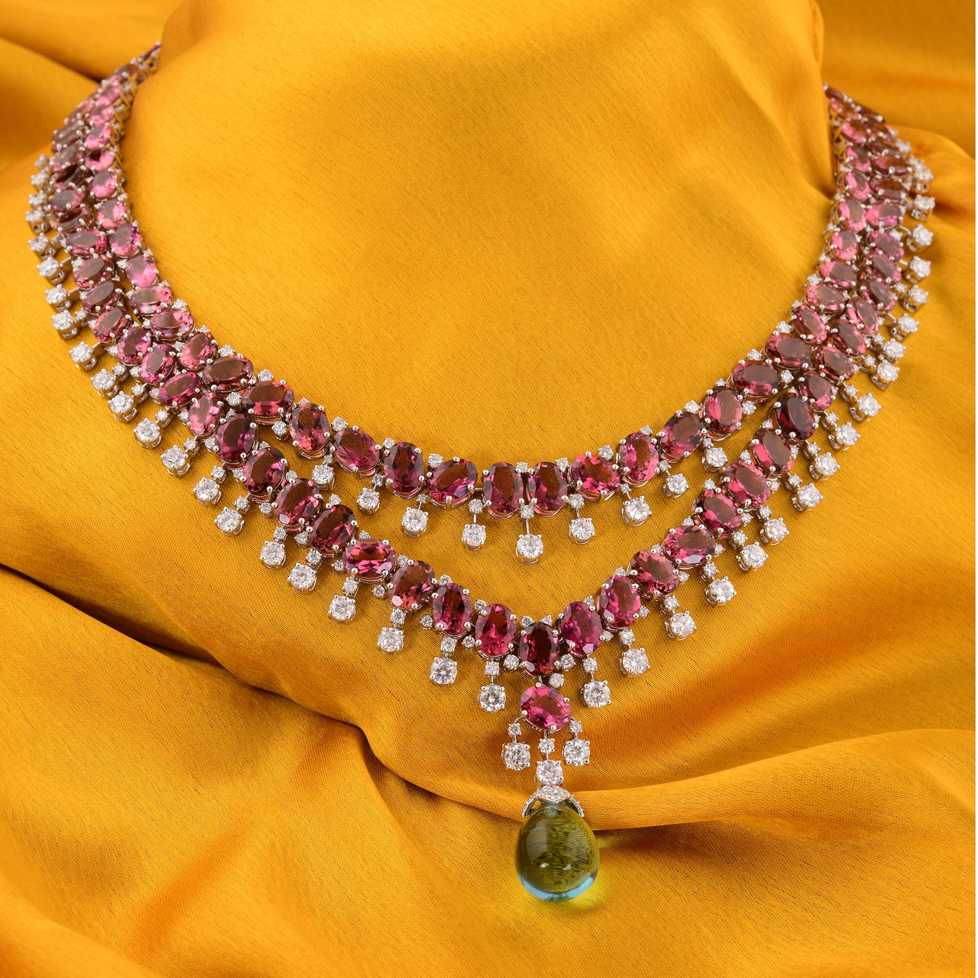 Pinker Turmalin Edelstein Halskette Diamant Blauer Topas 14 Karat Weißgold Schmuck Damen im Angebot