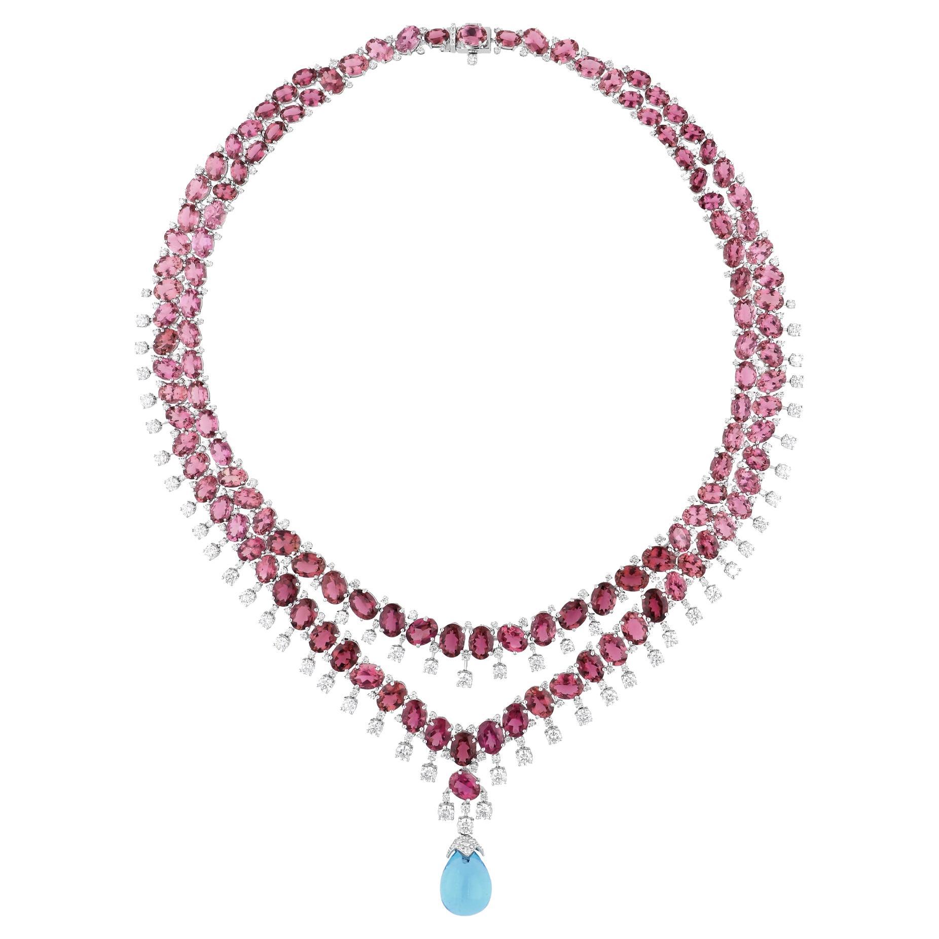 Pink Tourmaline Gemstone Necklace Diamond Blue Topaz 14 Karat White Gold Jewelry For Sale