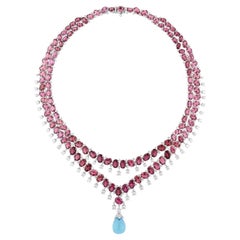 Pink Tourmaline Gemstone Necklace Diamond Blue Topaz 14 Karat White Gold Jewelry