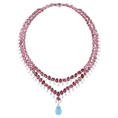 Collana di gemme di tormalina rosa Diamante Topazio Blu Gioielli in oro bianco 18 carati