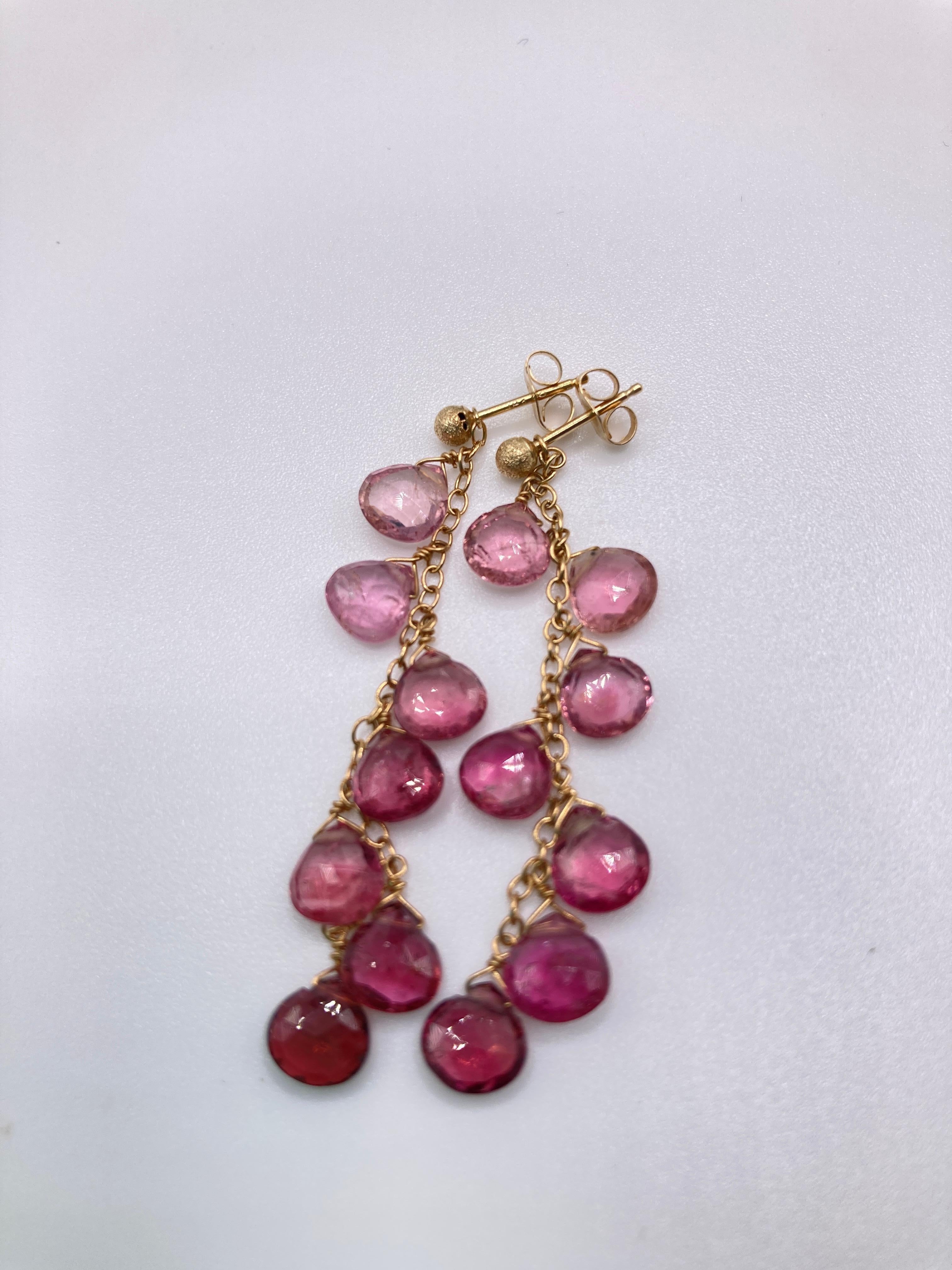 Contemporary Pink Tourmaline Grape Earrings 18Kt Yellow Gold For Sale