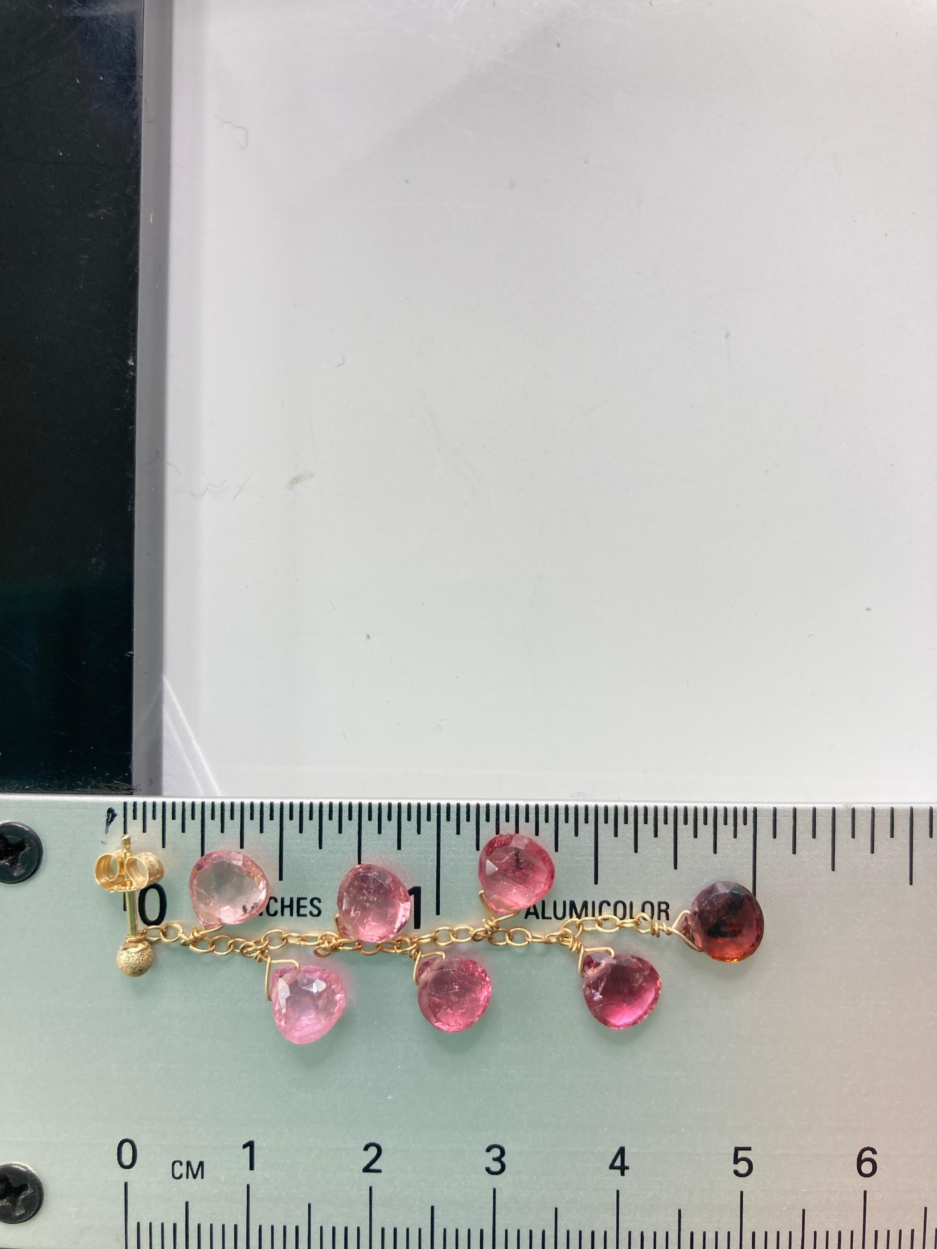 Briolette Cut Pink Tourmaline Grape Earrings 18Kt Yellow Gold For Sale