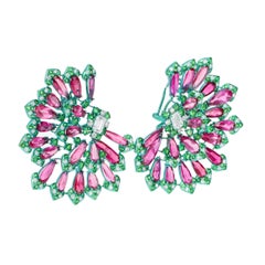 Pink Tourmaline, Green Garnet, and Diamond Titanium Earrings