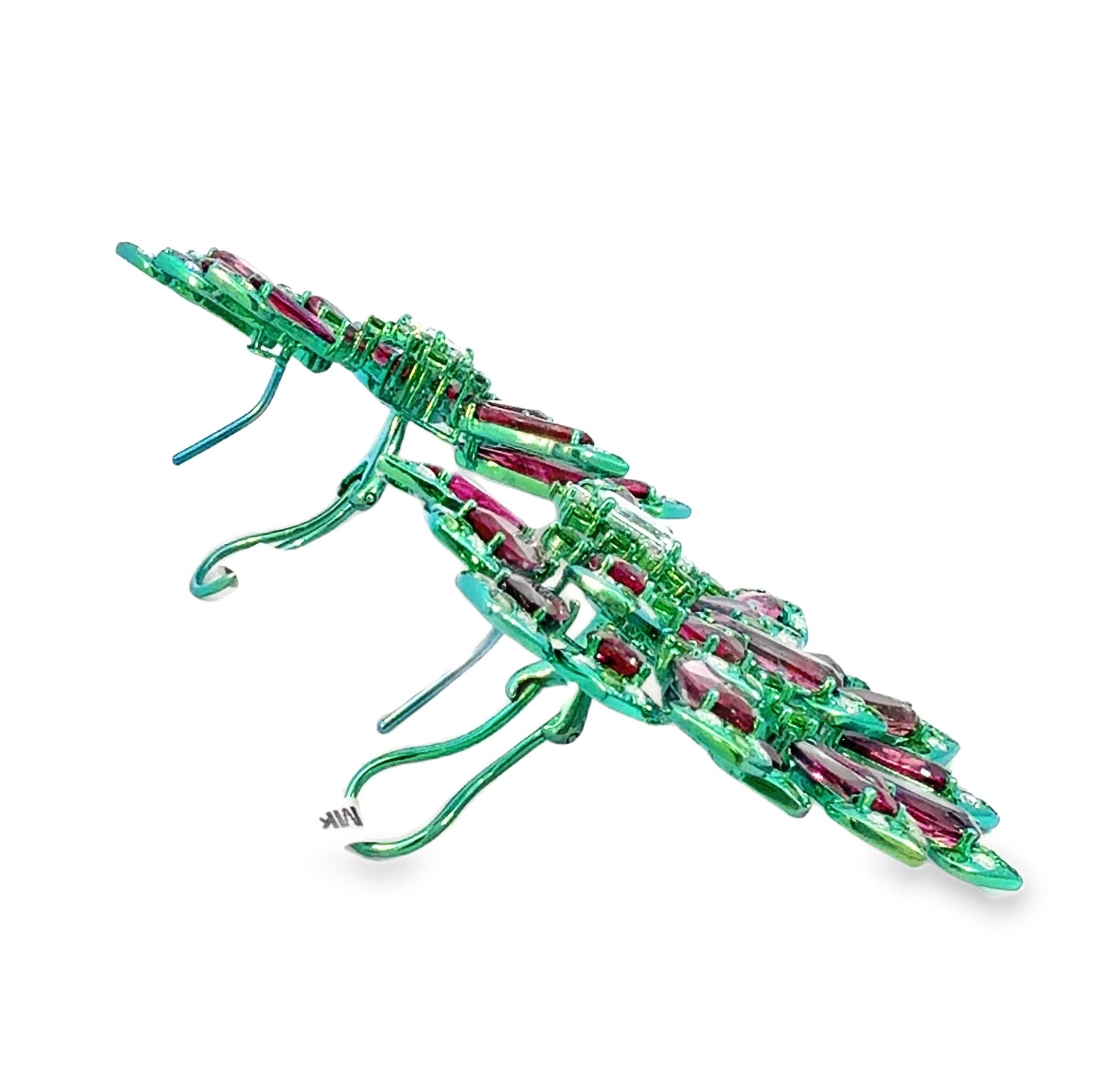 Orecchini in titanio con tormalina rosa, granato verde e diamante in vendita 2