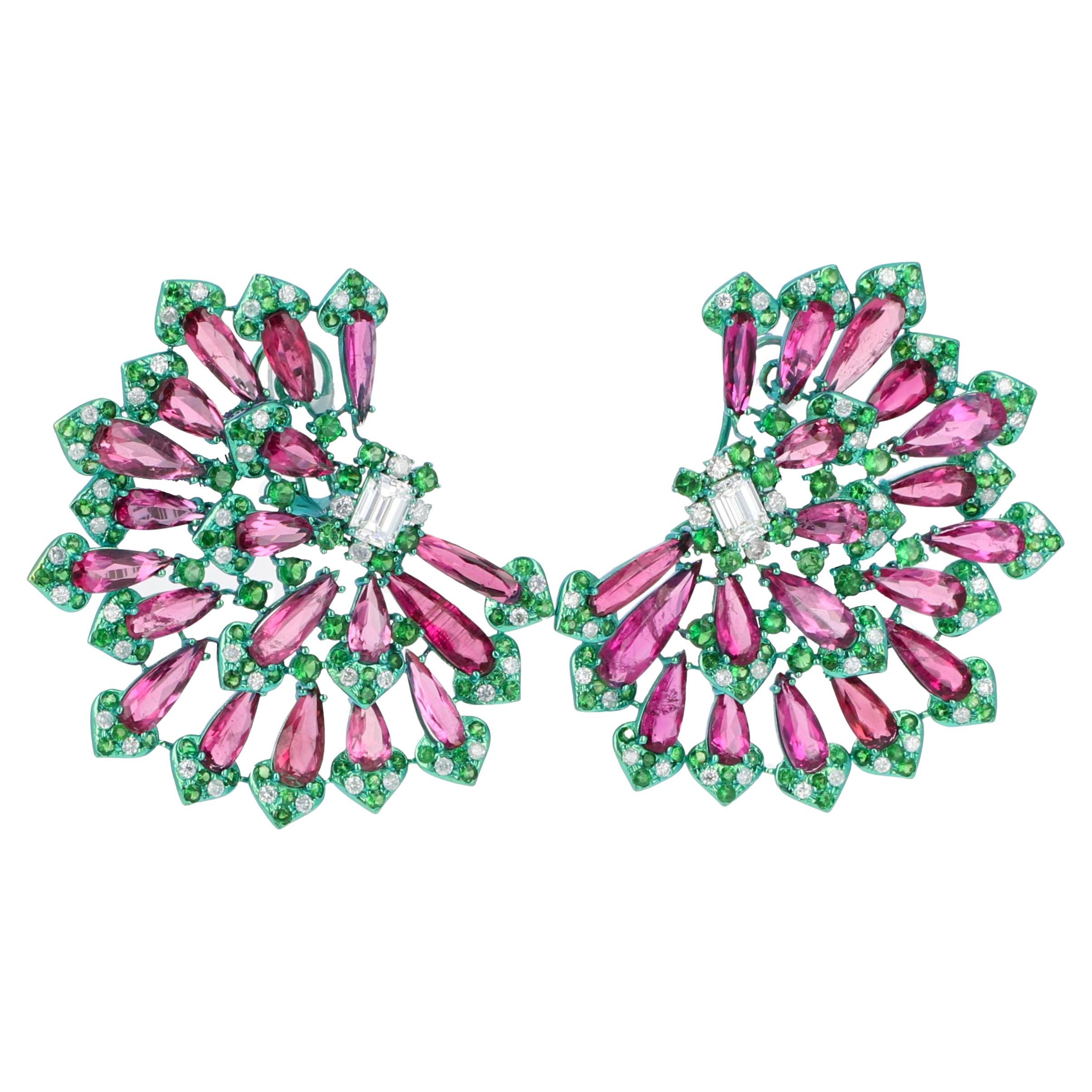Orecchini in titanio con tormalina rosa, granato verde e diamante