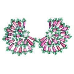 Pink Tourmaline, Green Garnet, and Diamond Titanium Earrings