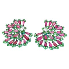 Pink Tourmaline, Green Garnet, and Diamond Titanium Earrings