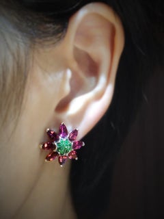 Pink Tourmaline Green Tsavorite Clematis Flower 18K White Gold Clip-On Earrings