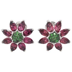 Pink Tourmaline Green Tsavorite Clematis Flower 18K White Gold Clip-On Earrings