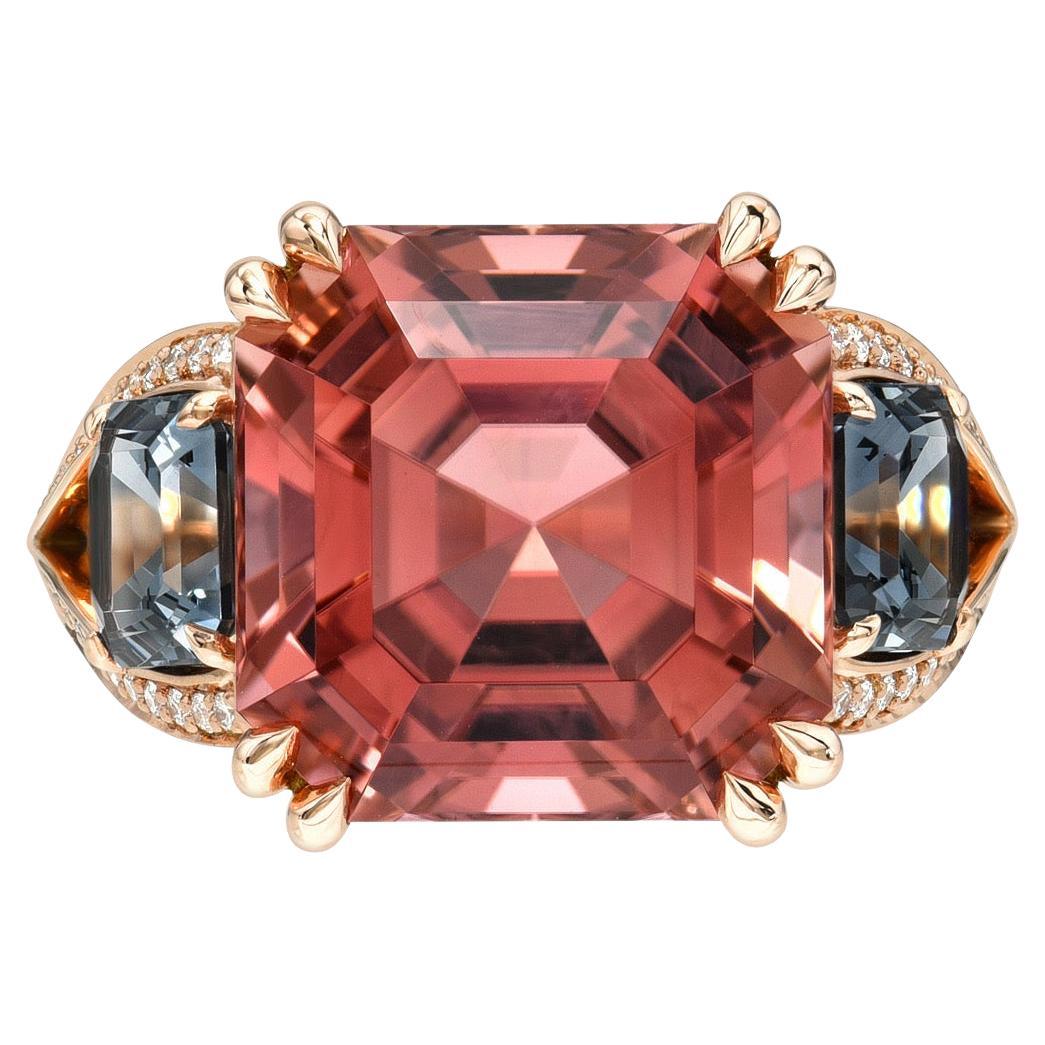 Modern Pink Tourmaline Grey Spinel Ring 12.04 Carat Square Emerald Cuts