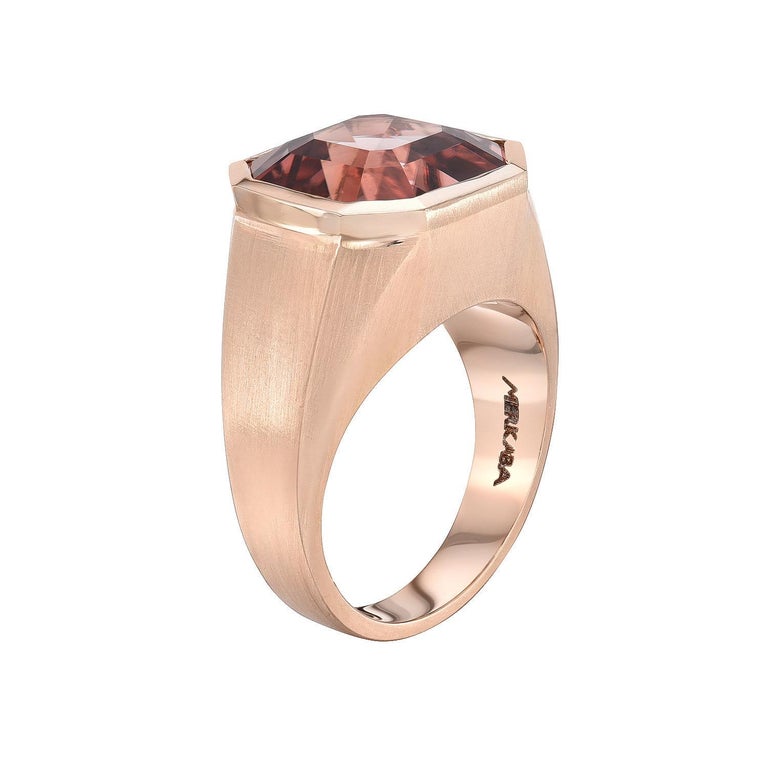 Contemporary Pink Tourmaline Gypsy Ring 7.76 Carat Square Emerald Cut For Sale