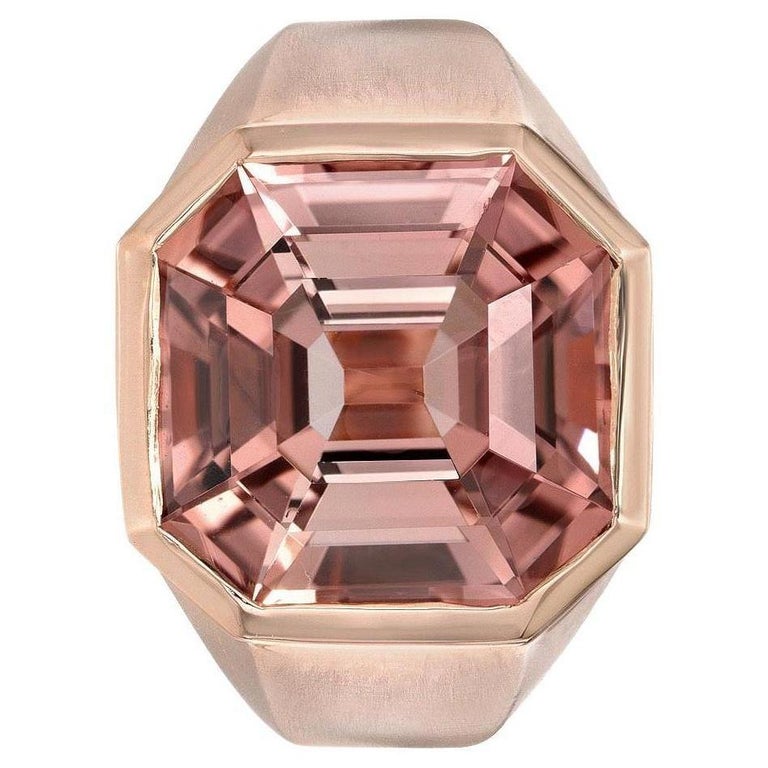 Pink Tourmaline Gypsy Ring 7.76 Carat Square Emerald Cut For Sale
