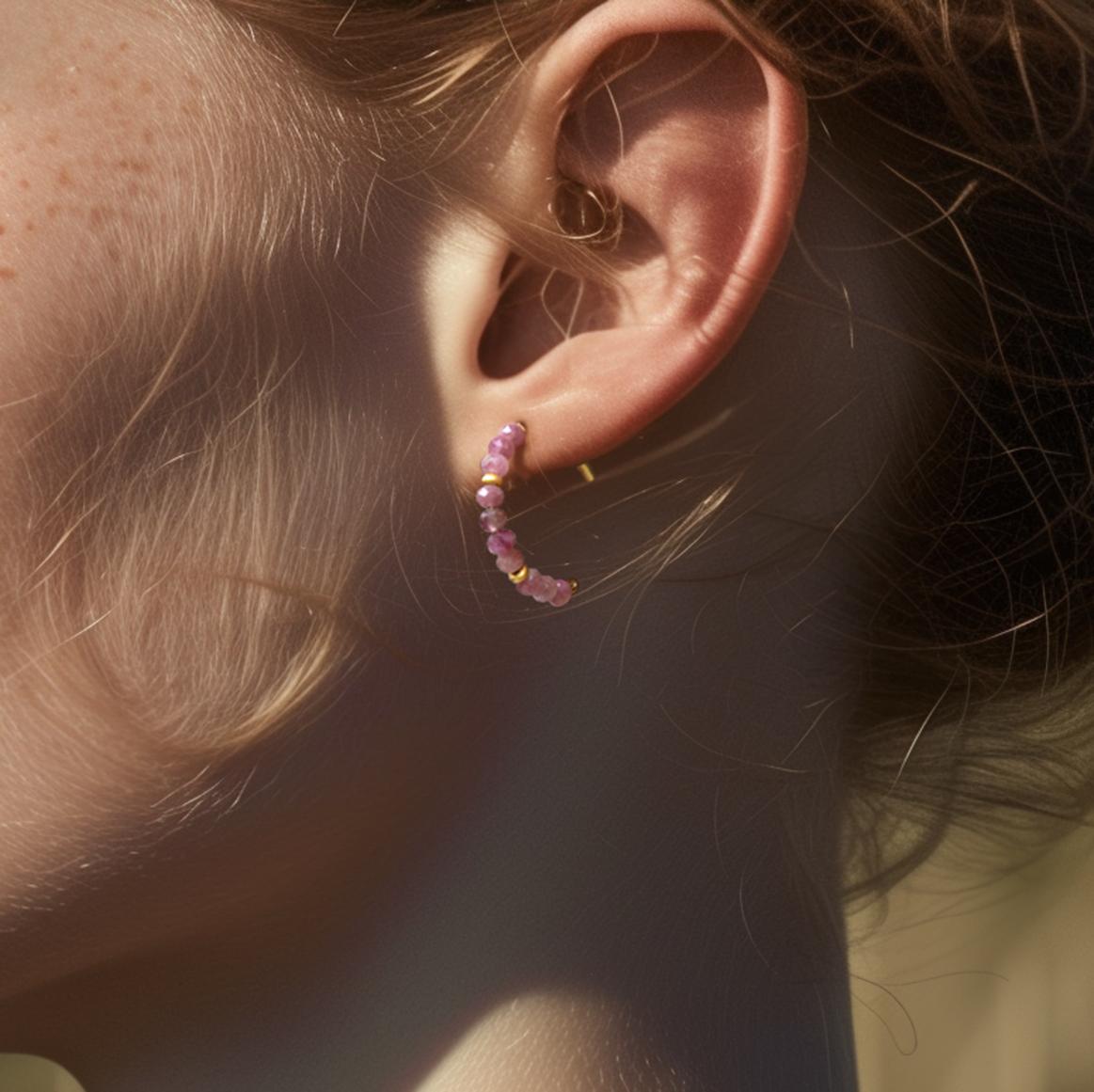 Bead Pink Tourmaline Half Moon Earring 14K Gold Hoop - By Bombyx House For Sale