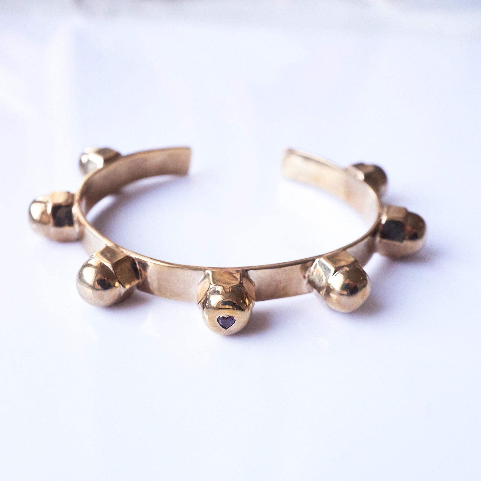Women's Alexandrite Heart Cuff Bangle Bracelet Bronze Studs J Dauphin For Sale