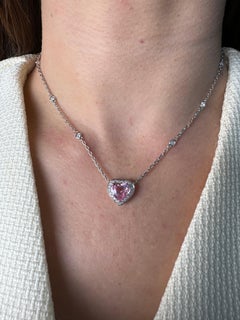 Pink Tourmaline Heart Shape Cut Diamond Halo 18K White Gold Pendant Necklace
