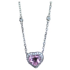Pink Tourmaline Heart Shape Cut Diamond Halo 18K White Gold Pendant Necklace
