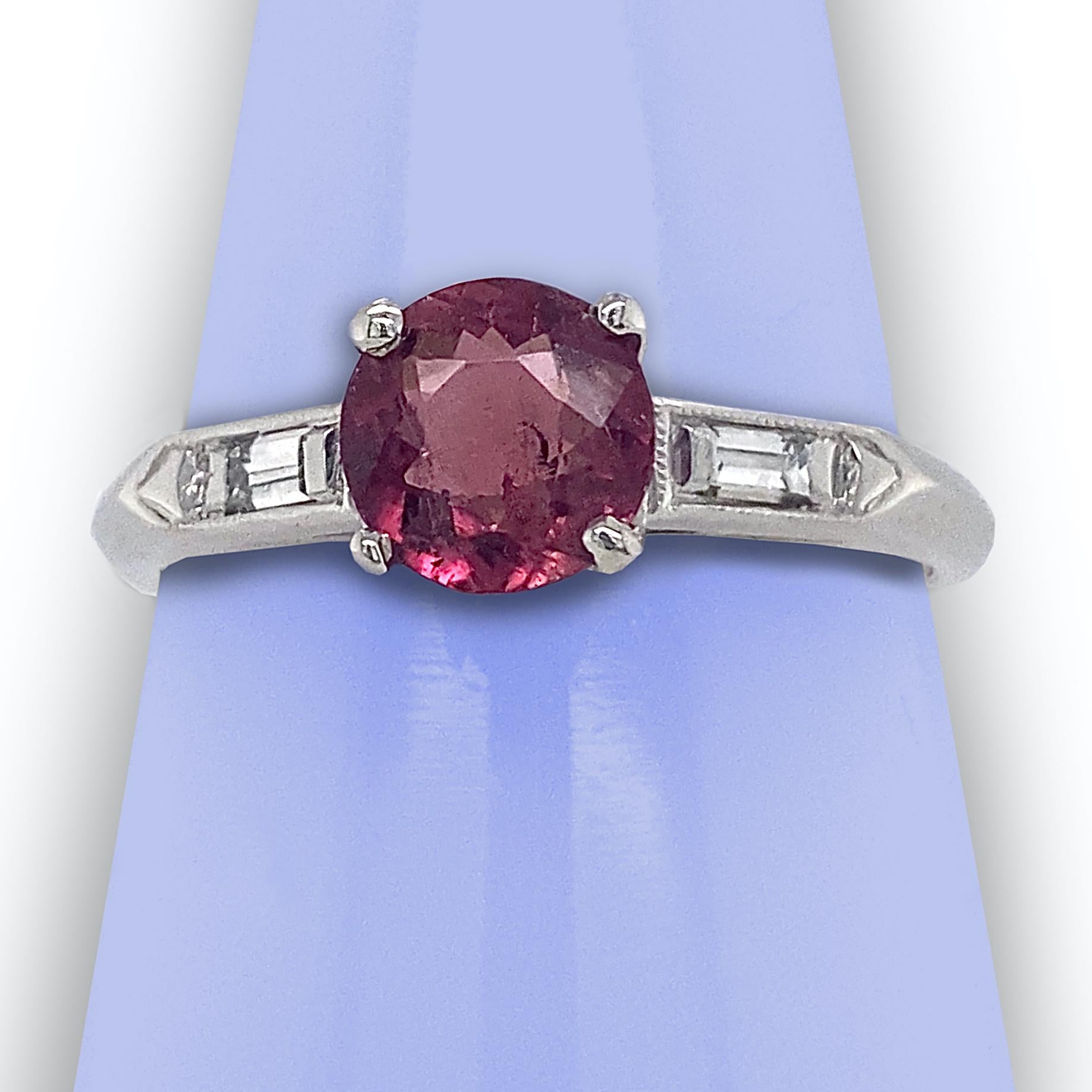 Mixed Cut Pink Tourmaline in Deco-Era Platinum Engagement Ring with Diamond Baguettes