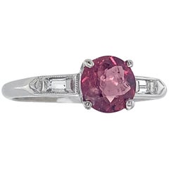Pink Tourmaline in Deco-Era Platinum Engagement Ring with Diamond Baguettes