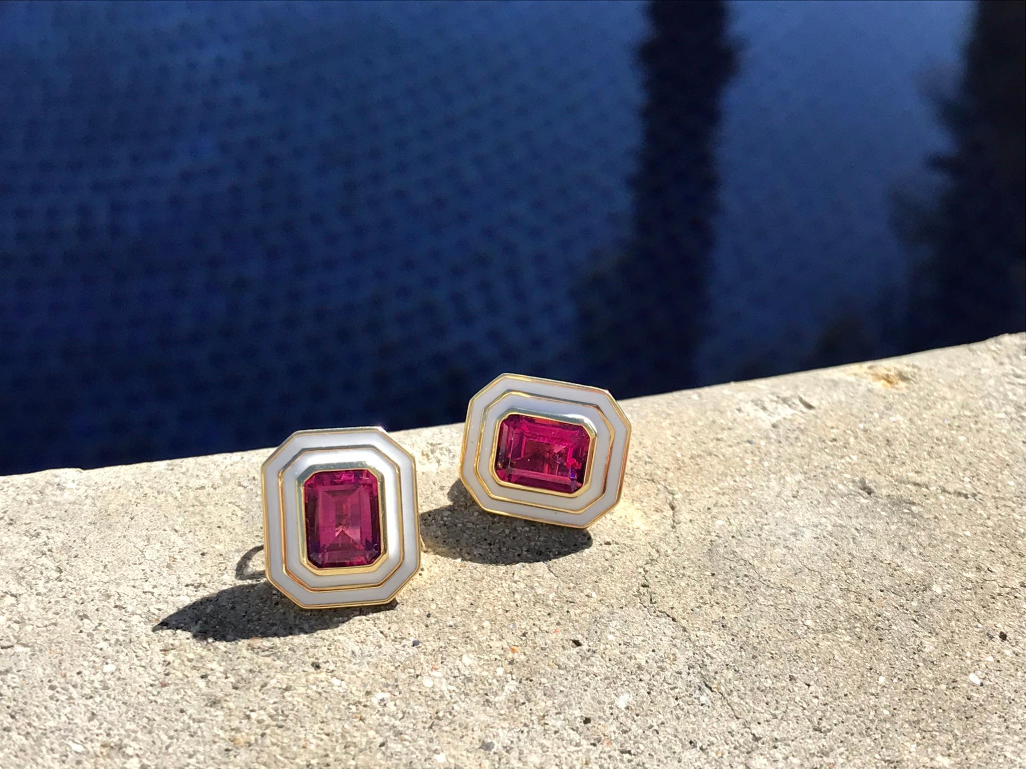 Bright and Beautiful 3.83 carats of Emerald Cut Brazilian Pink Tourmaline surrounded by White Enamel in 18k Yellow Gold. These are very vivid and the perfect earrings for Spring, Summer (and Fall for that matter) and set in his Museum Style series.
