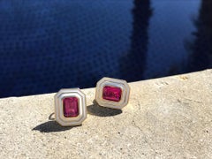 3.83 Carat Emerald Cut Pink Tourmaline White Enamel Stud Earrings Art Deco, 18Kt