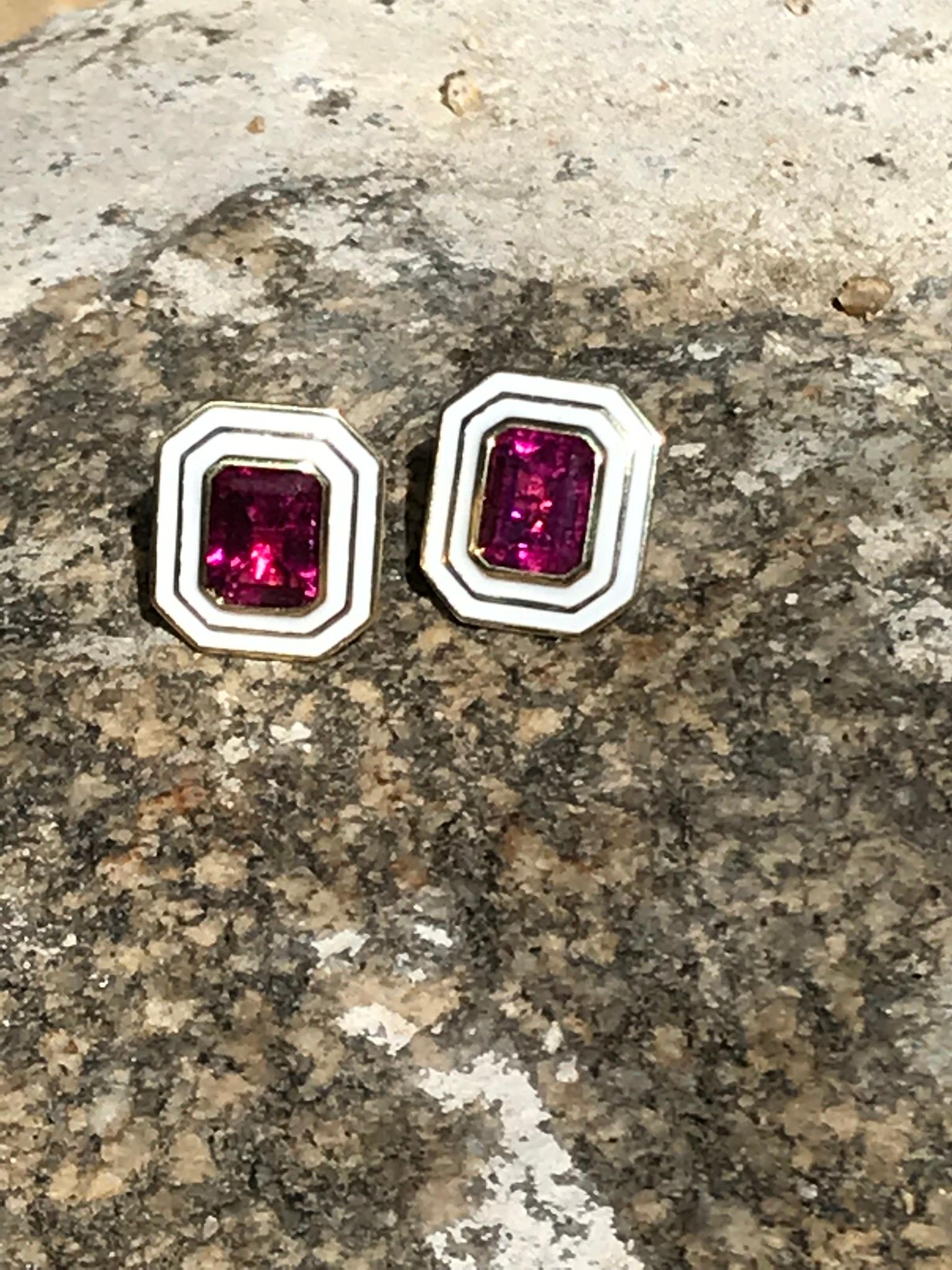 Emerald Cut Pink Tourmaline in White Enamel Museum Series Earrings by Andrew Glassford For Sale