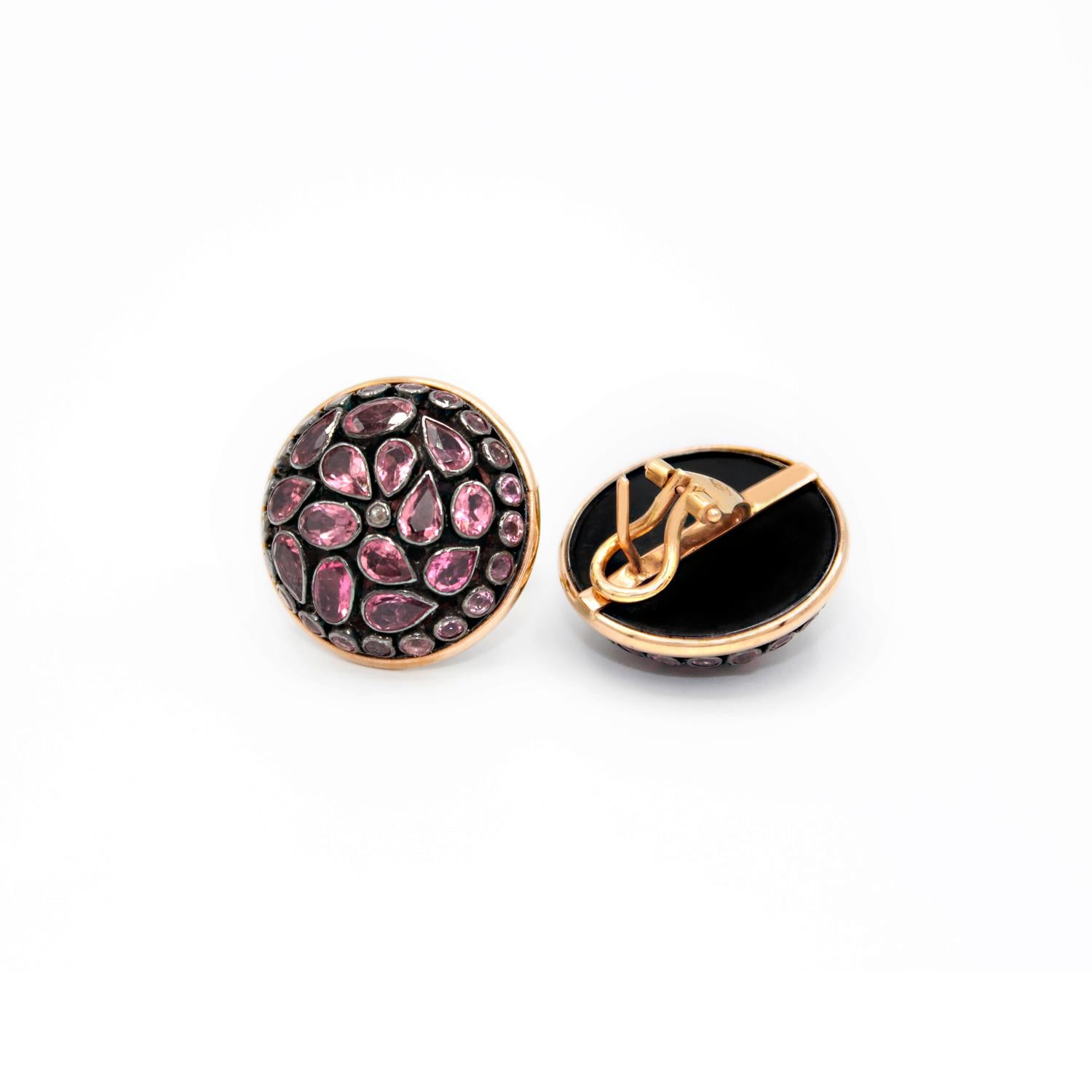 Artisan Pink Tourmaline Junaghar Pave 18 Karat Pink Gold Earrings