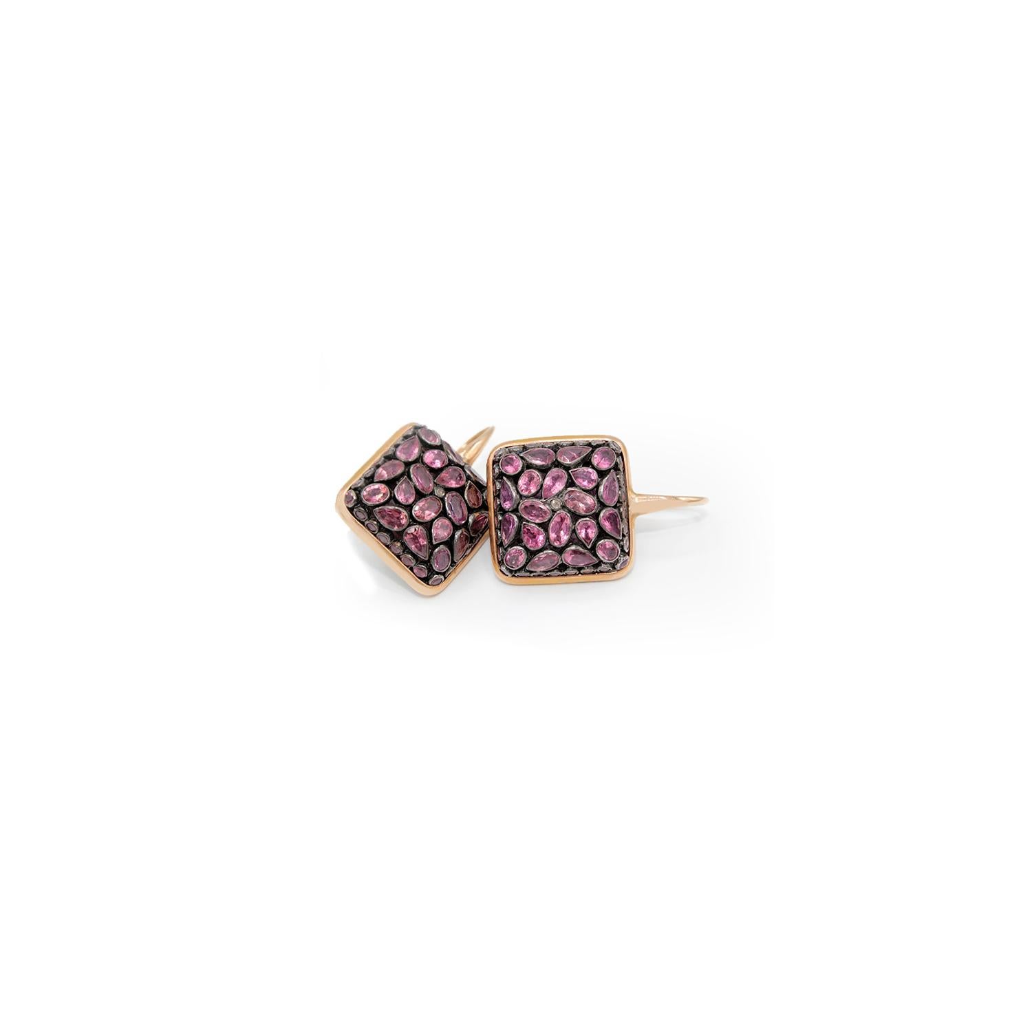 Cabochon Pink Tourmaline Junaghar Pave 18 Karat Pink Gold Earrings For Sale