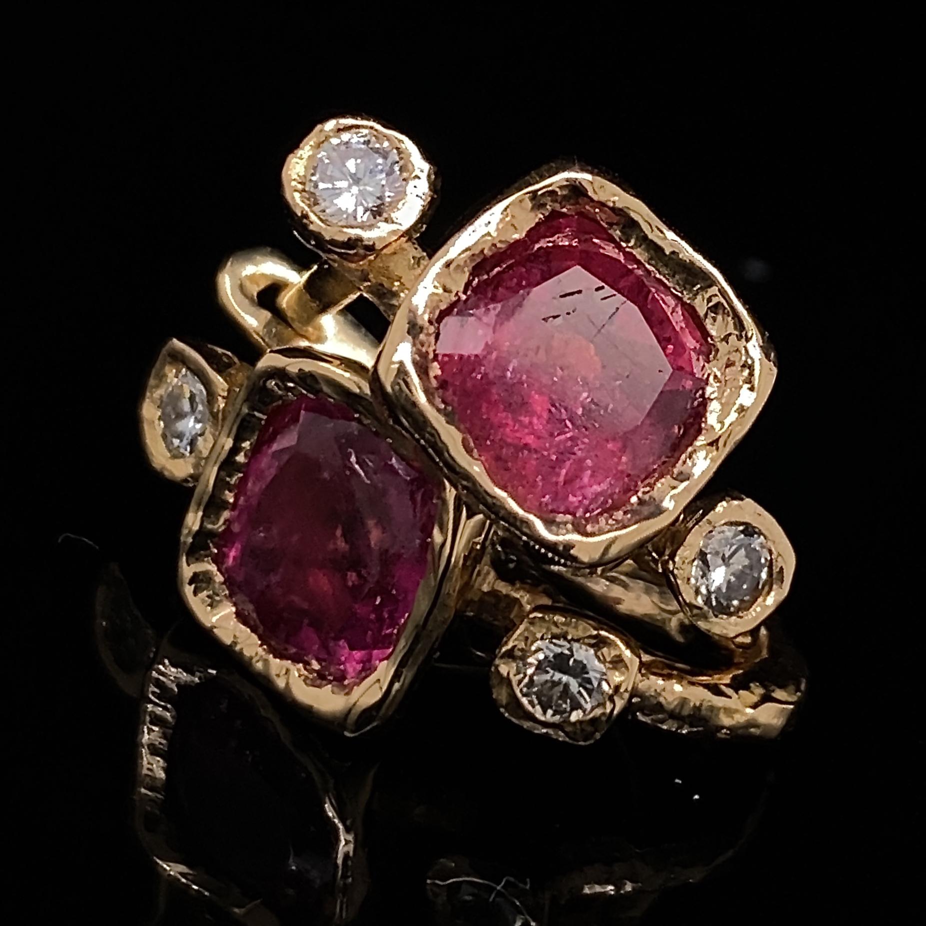 Contemporary Pink Tourmaline Lever-Back Drop Earrings with Diamond Accents in 18K Yellow Gold