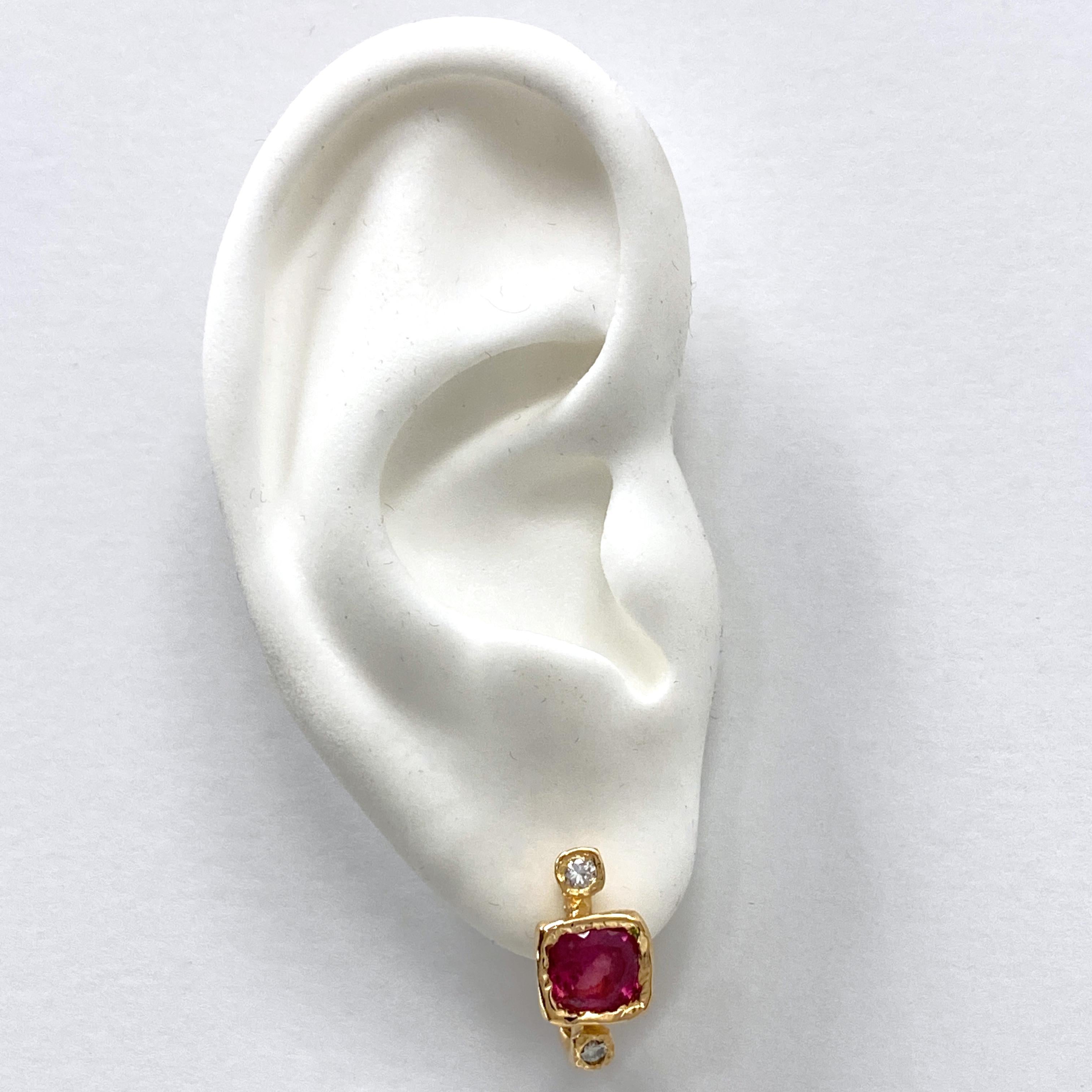 Brilliant Cut Pink Tourmaline Lever-Back Drop Earrings with Diamond Accents in 18K Yellow Gold