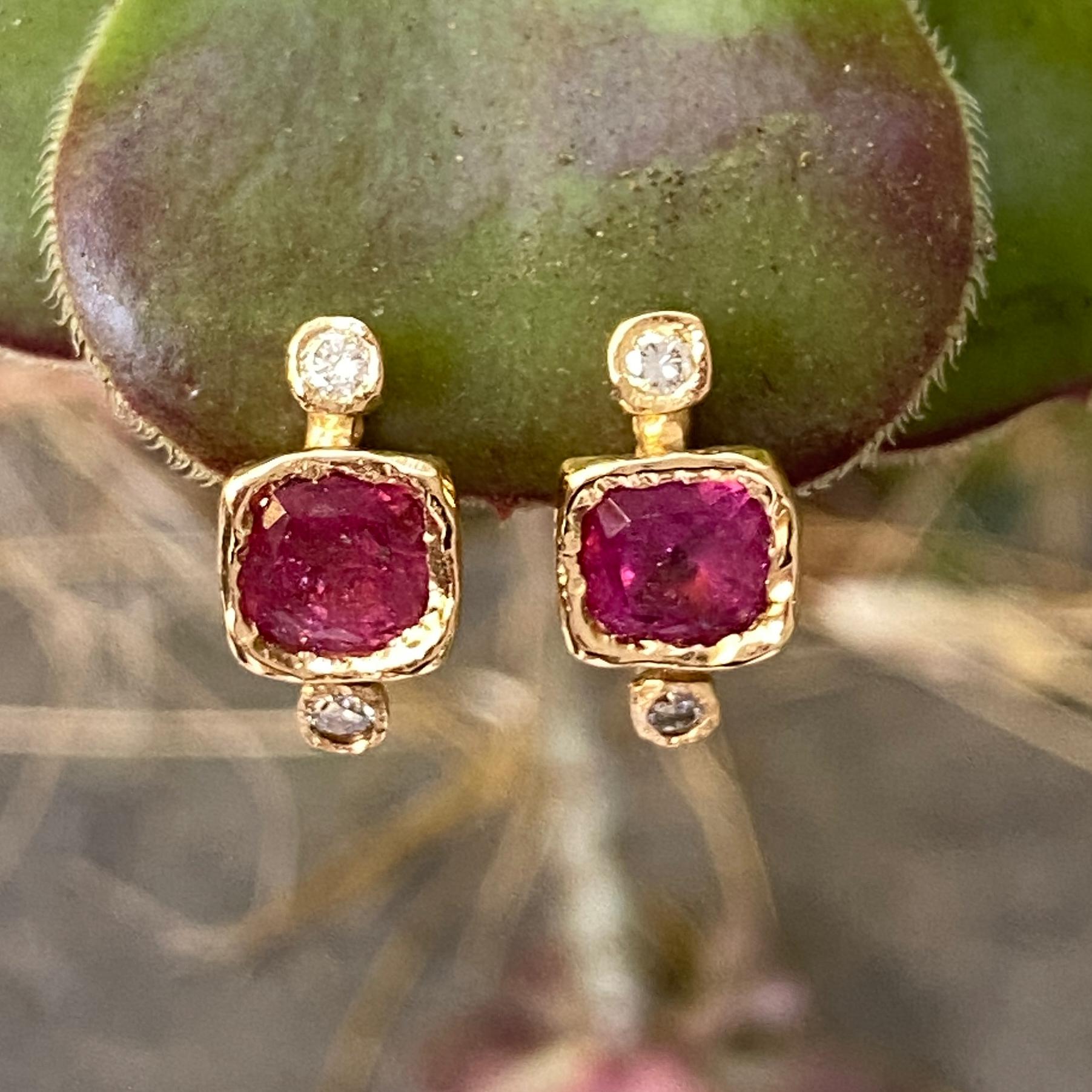 Pink Tourmaline Lever-Back Drop Earrings with Diamond Accents in 18K Yellow Gold 1