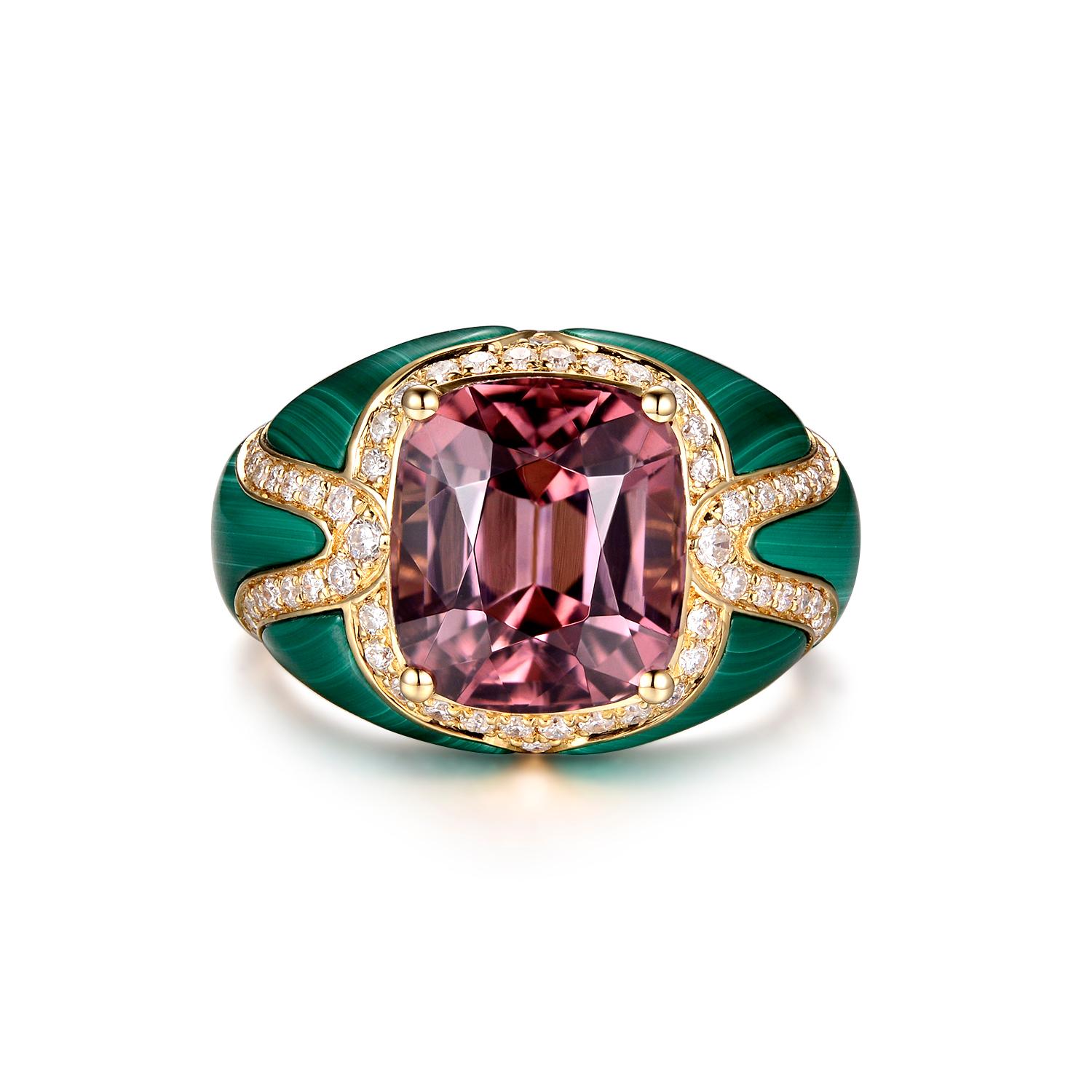 This cocktail ring features a 5.73 carats pink tourmaline, the center stone is pink and purple in color. The malachite is set into the gold mounting and outlined by 0.41 carats of white round diamonds. Truly a special and stunning piece. Handcrafted